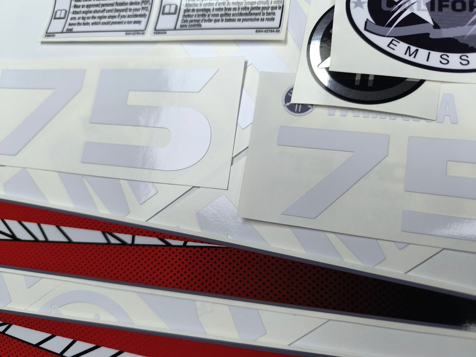 Vinyl graphic red decals set suitable for Yamaha 75 hp two stroke outboard engine. Vinyl stickers kit for Yamaha 75 hp two stroke Handmade