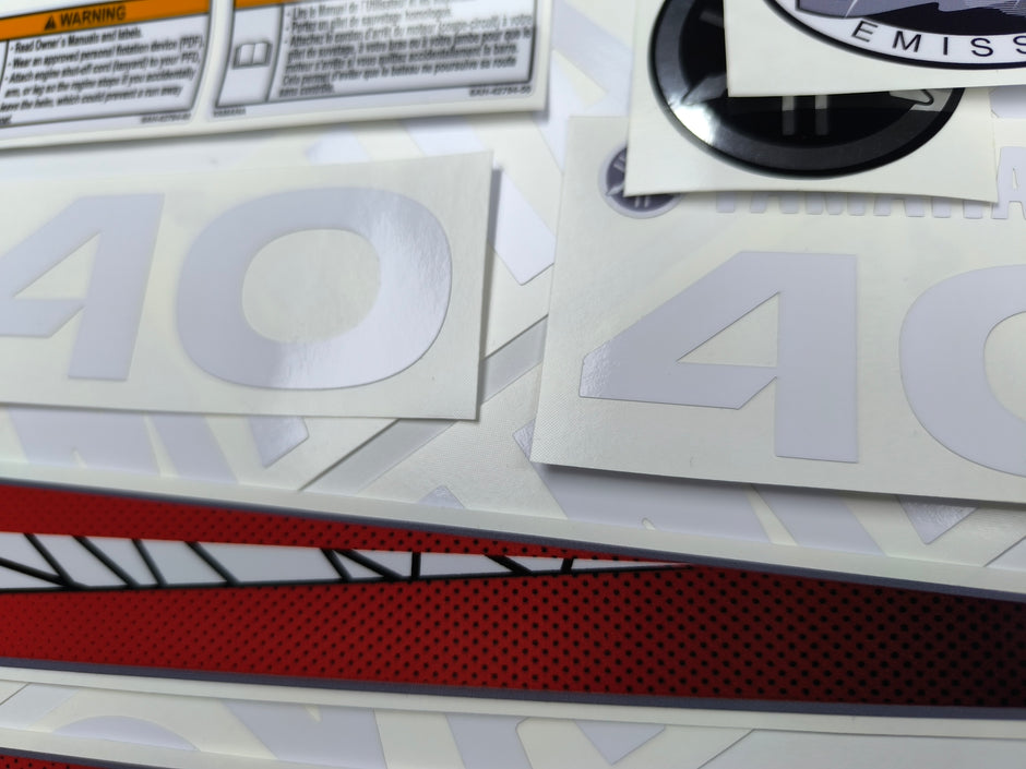 Vinyl graphic red decals set suitable for Yamaha 40 hp two stroke outboard engine. Vinyl stickers kit for Yamaha 40 hp two stroke Handmade