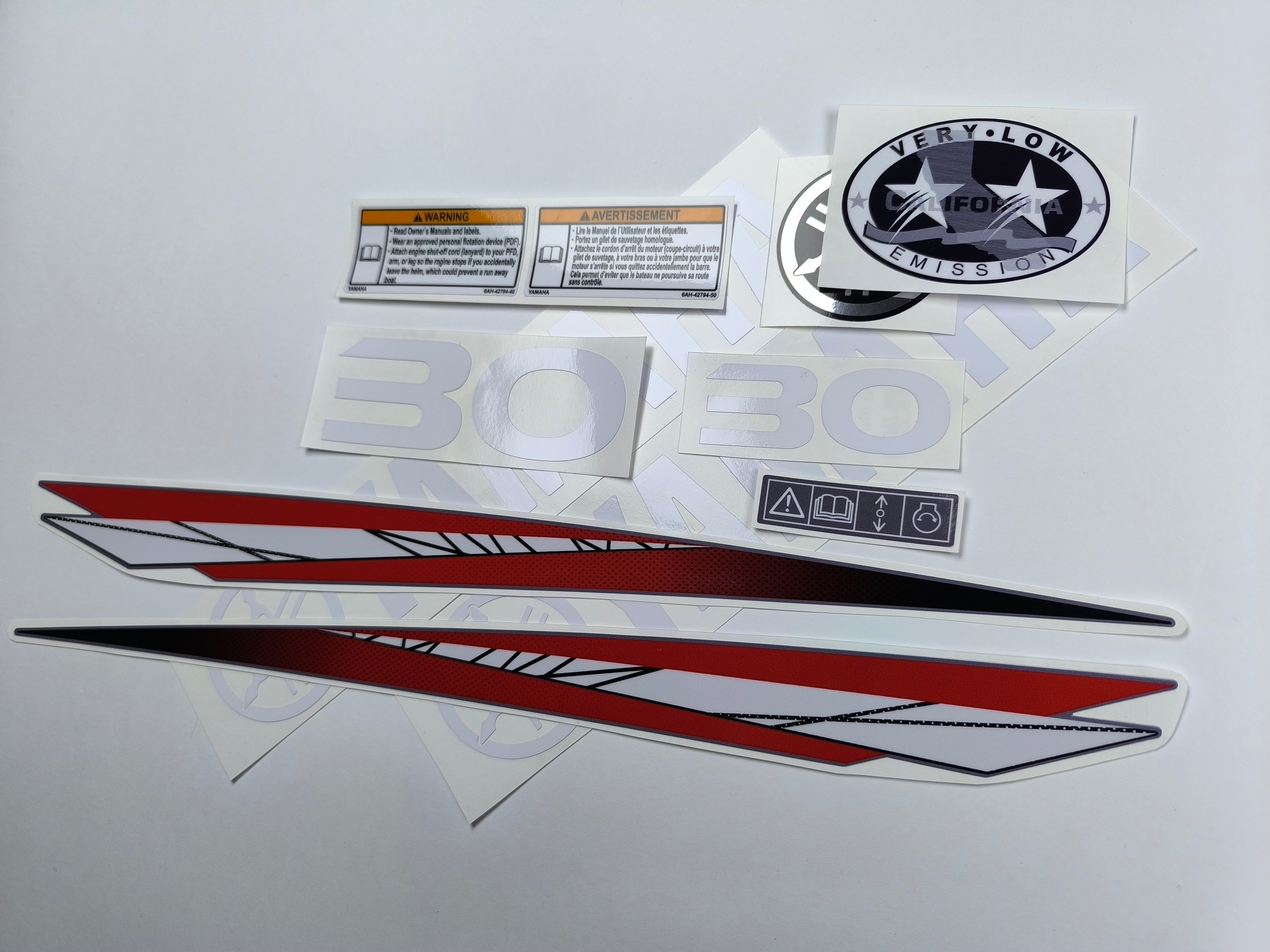 Vinyl graphic red decals set suitable for Yamaha 30 hp two stroke outboard engine. Vinyl stickers kit for Yamaha 30 hp two stroke Handmade