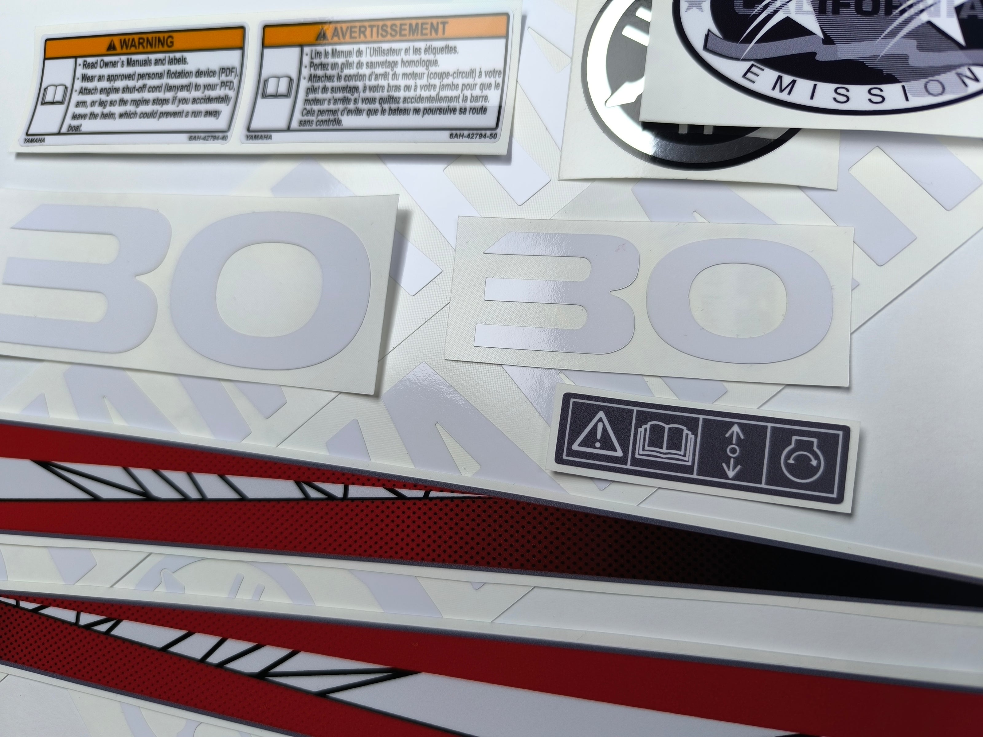Vinyl graphic red decals set suitable for Yamaha 30 hp two stroke outboard engine. Vinyl stickers kit for Yamaha 30 hp two stroke Handmade