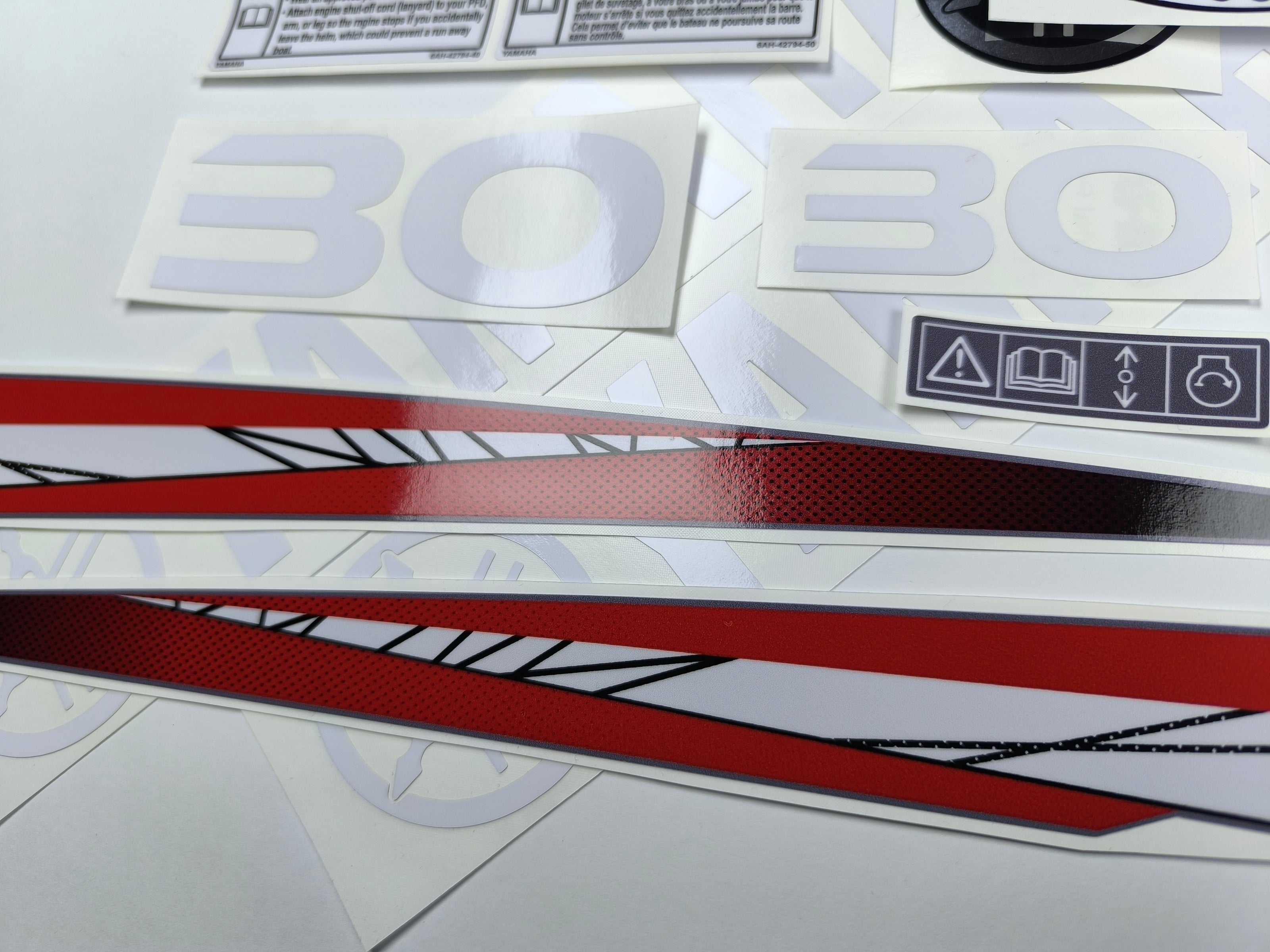 Vinyl graphic red decals set suitable for Yamaha 30 hp two stroke outboard engine. Vinyl stickers kit for Yamaha 30 hp two stroke Handmade