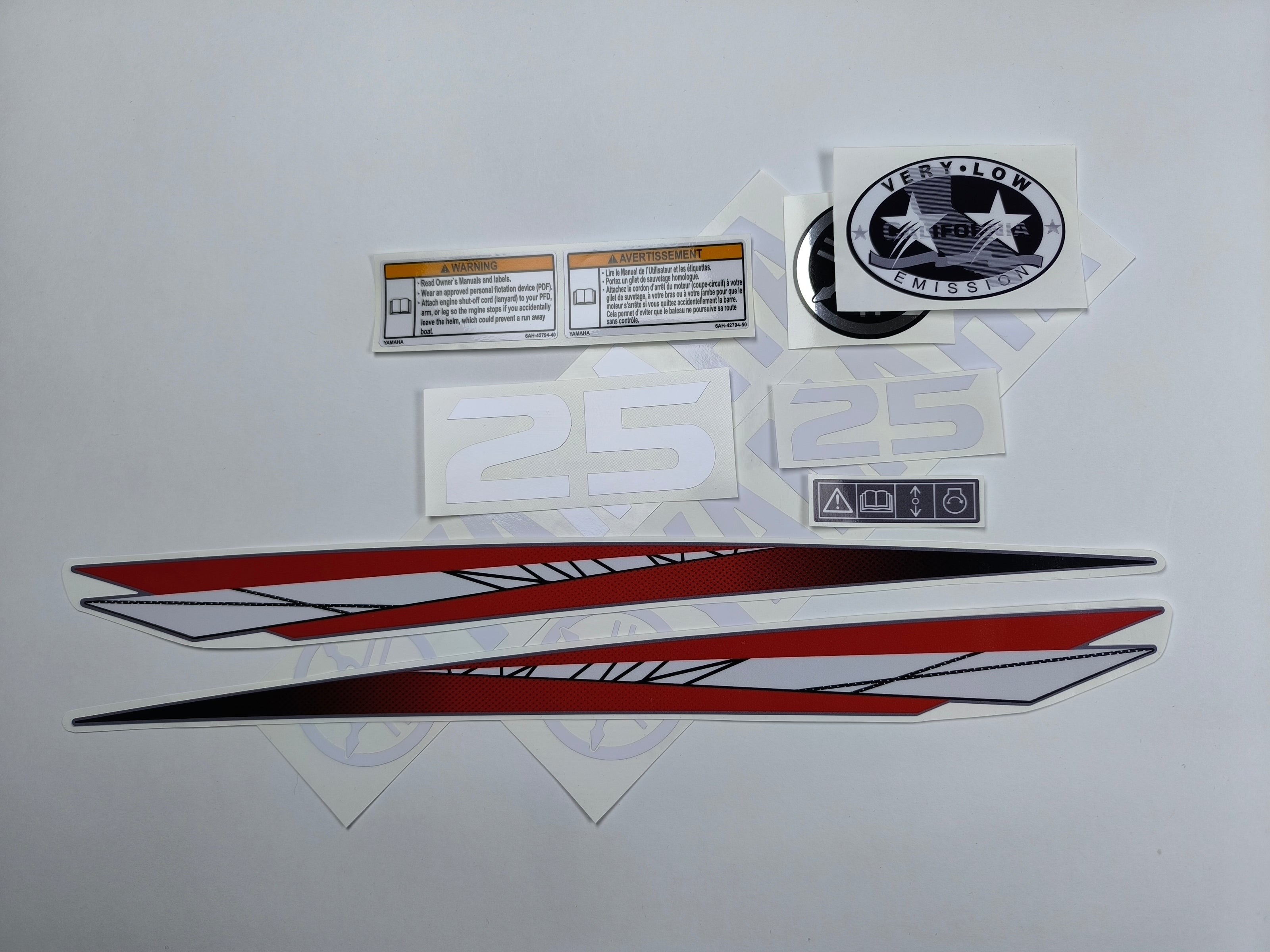 Vinyl graphic red decals set suitable for Yamaha 25 hp two stroke outboard engine. Vinyl stickers kit for Yamaha 25 hp two stroke Handmade