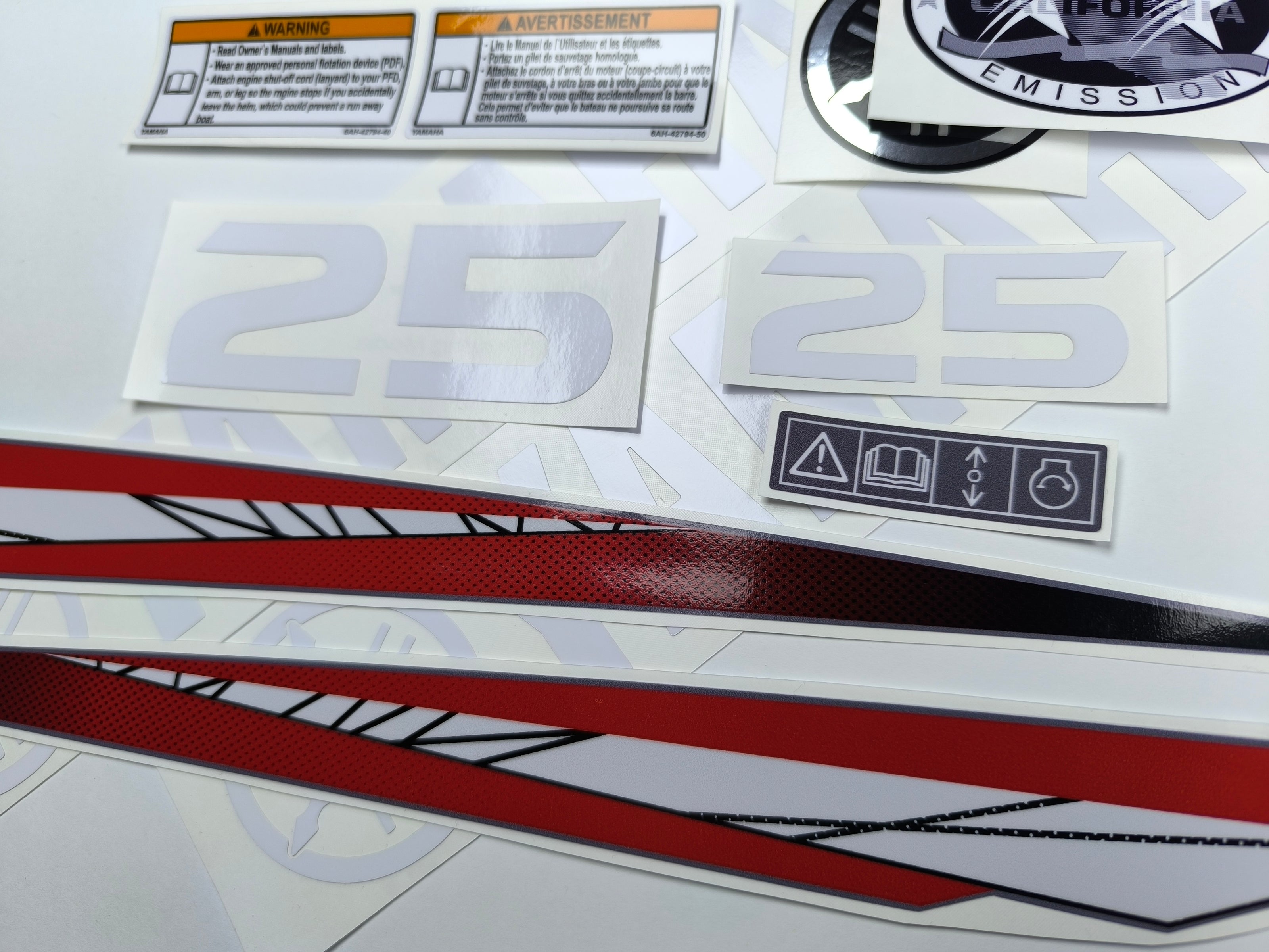 Vinyl graphic red decals set suitable for Yamaha 25 hp two stroke outboard engine. Vinyl stickers kit for Yamaha 25 hp two stroke Handmade