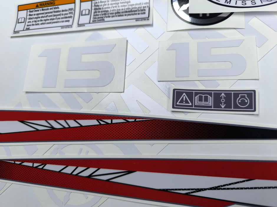 Vinyl graphic red decals set suitable for Yamaha 15 hp two stroke outboard engine. Vinyl stickers kit for Yamaha 15 hp two stroke Handmade