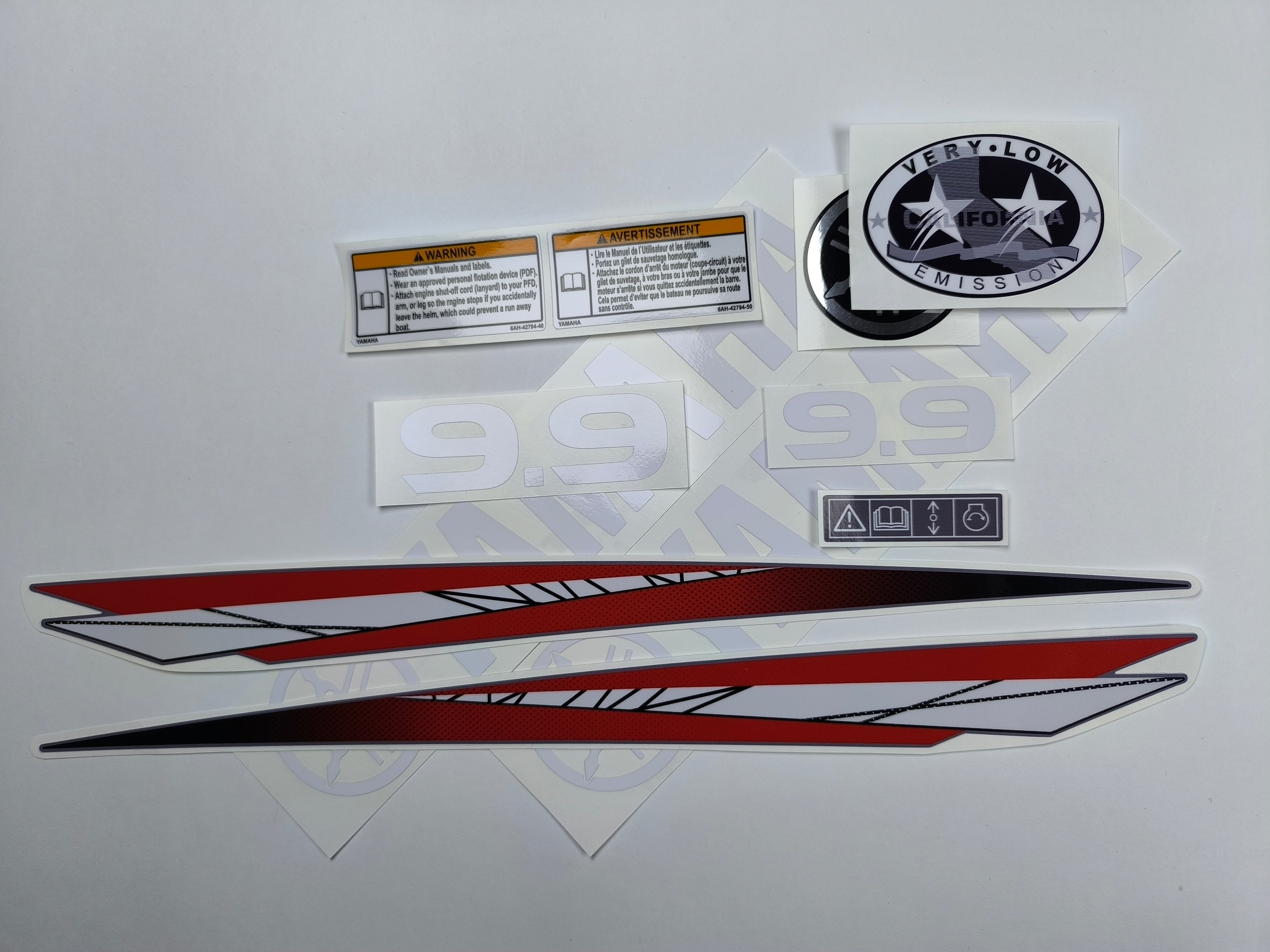 Vinyl graphic red decals set suitable for Yamaha 9.9 hp two stroke outboard engine. Vinyl stickers kit for Yamaha 9.9 hp two stroke Handmade