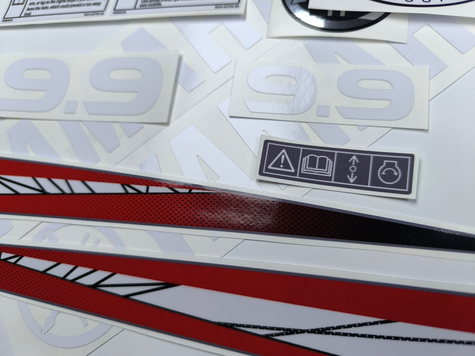 Vinyl graphic red decals set suitable for Yamaha 9.9 hp two stroke outboard engine. Vinyl stickers kit for Yamaha 9.9 hp two stroke Handmade