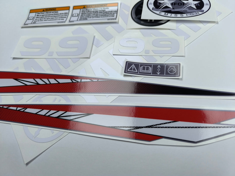 Vinyl graphic red decals set suitable for Yamaha 9.9 hp two stroke outboard engine. Vinyl stickers kit for Yamaha 9.9 hp two stroke Handmade