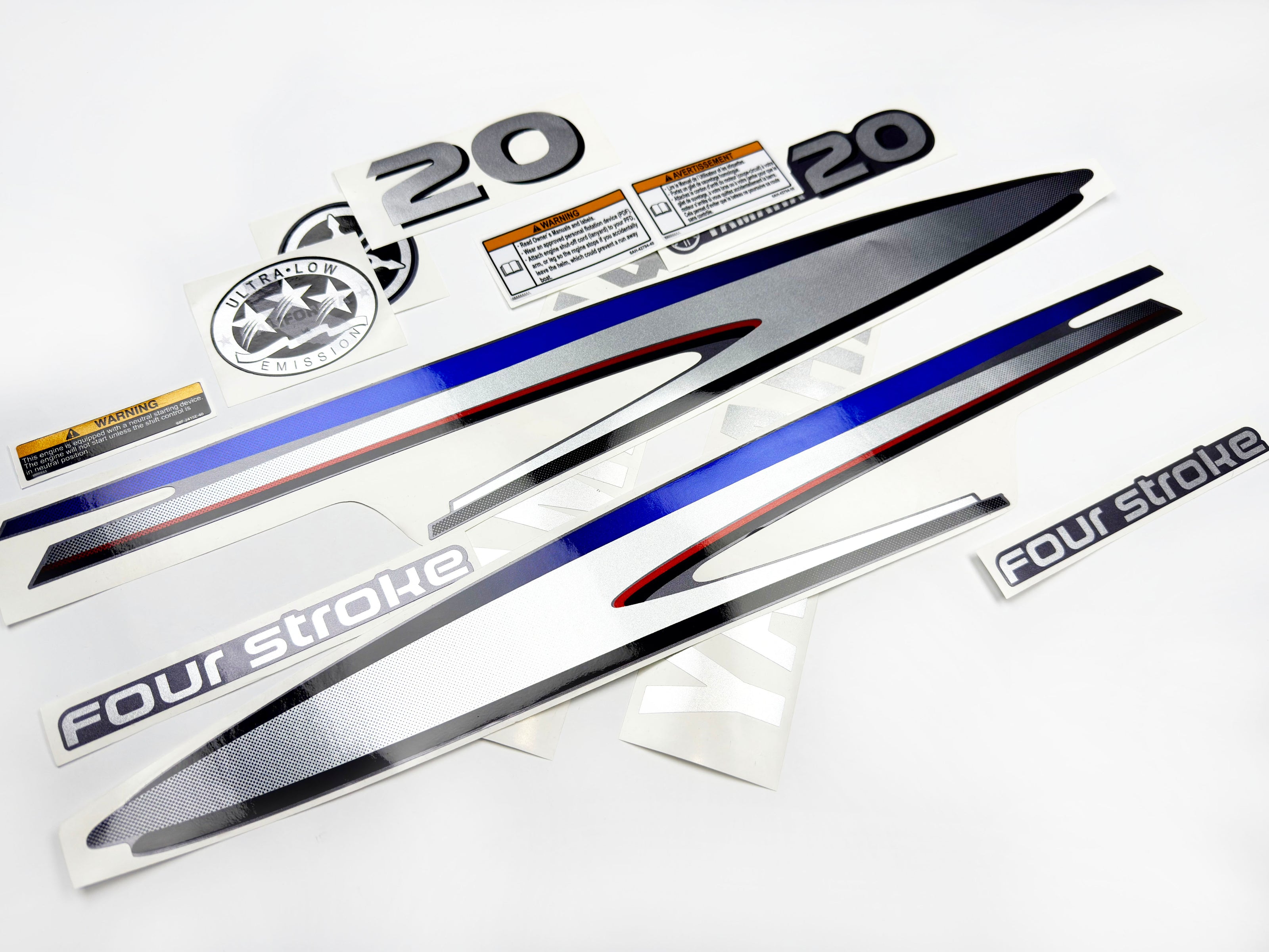 Vinyl graphic metalized silver shimmer decals set suitable for Yamaha 20 hp four stroke outboard engine. Vinyl stickers kit for yamaha 20 hp four stroke Handmade
