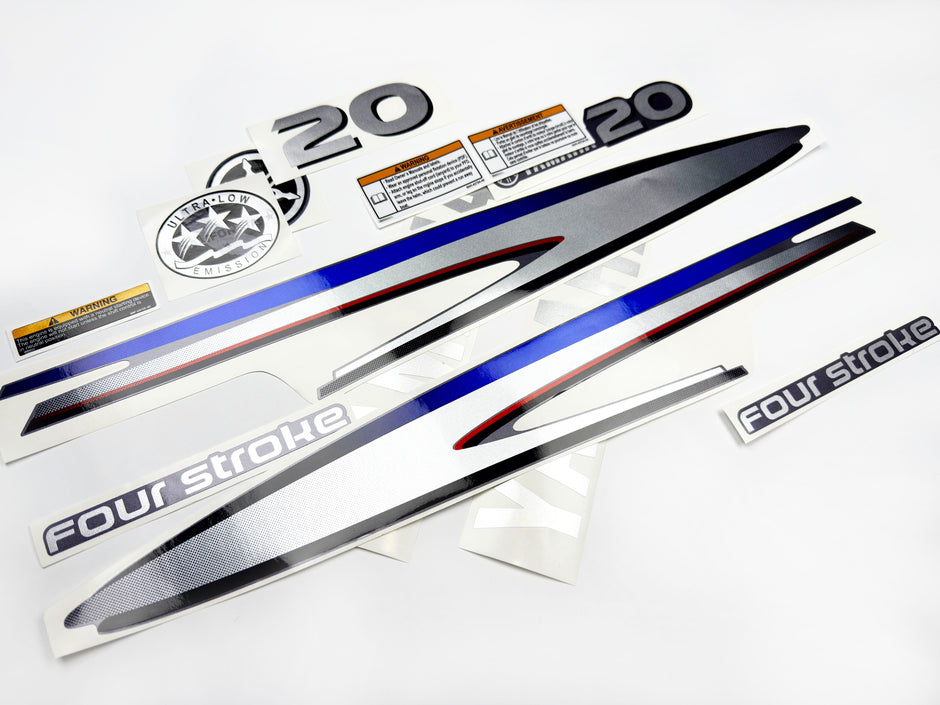 Vinyl graphic metalized silver shimmer decals set suitable for Yamaha 20 hp four stroke outboard engine. Vinyl stickers kit for yamaha 20 hp four stroke Handmade