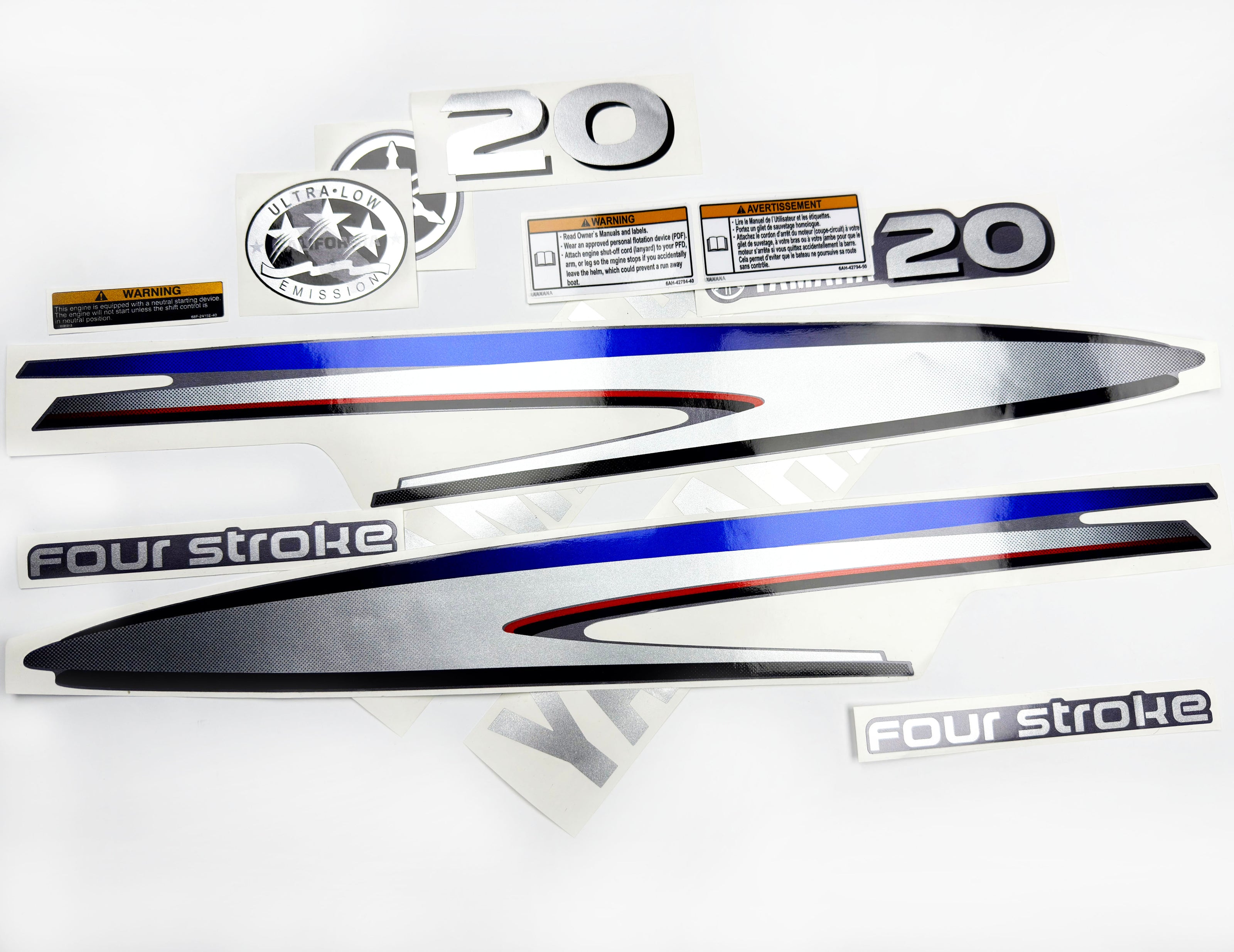 Vinyl graphic metalized silver shimmer decals set suitable for Yamaha 20 hp four stroke outboard engine. Vinyl stickers kit for yamaha 20 hp four stroke Handmade