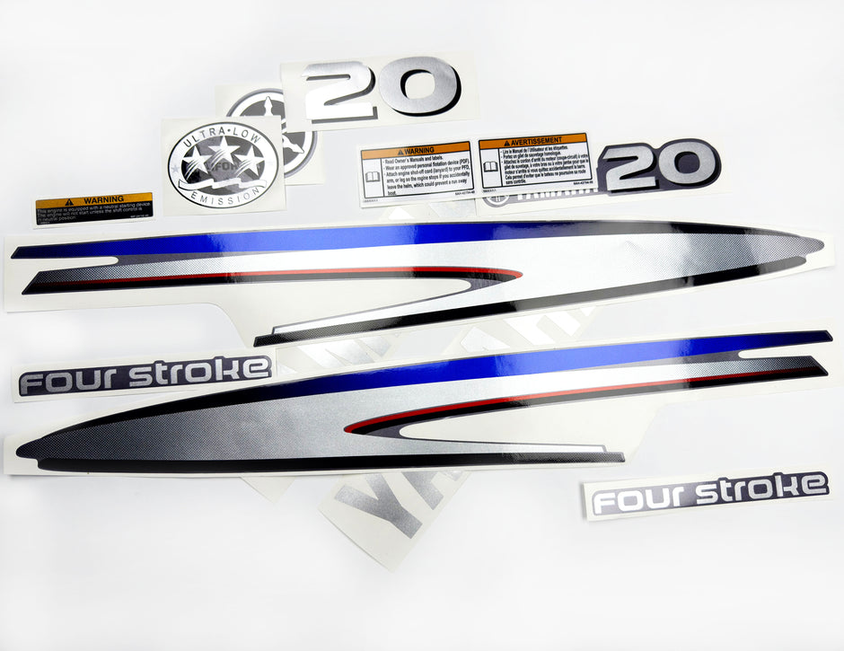 Vinyl graphic metalized silver shimmer decals set suitable for Yamaha 20 hp four stroke outboard engine. Vinyl stickers kit for yamaha 20 hp four stroke Handmade
