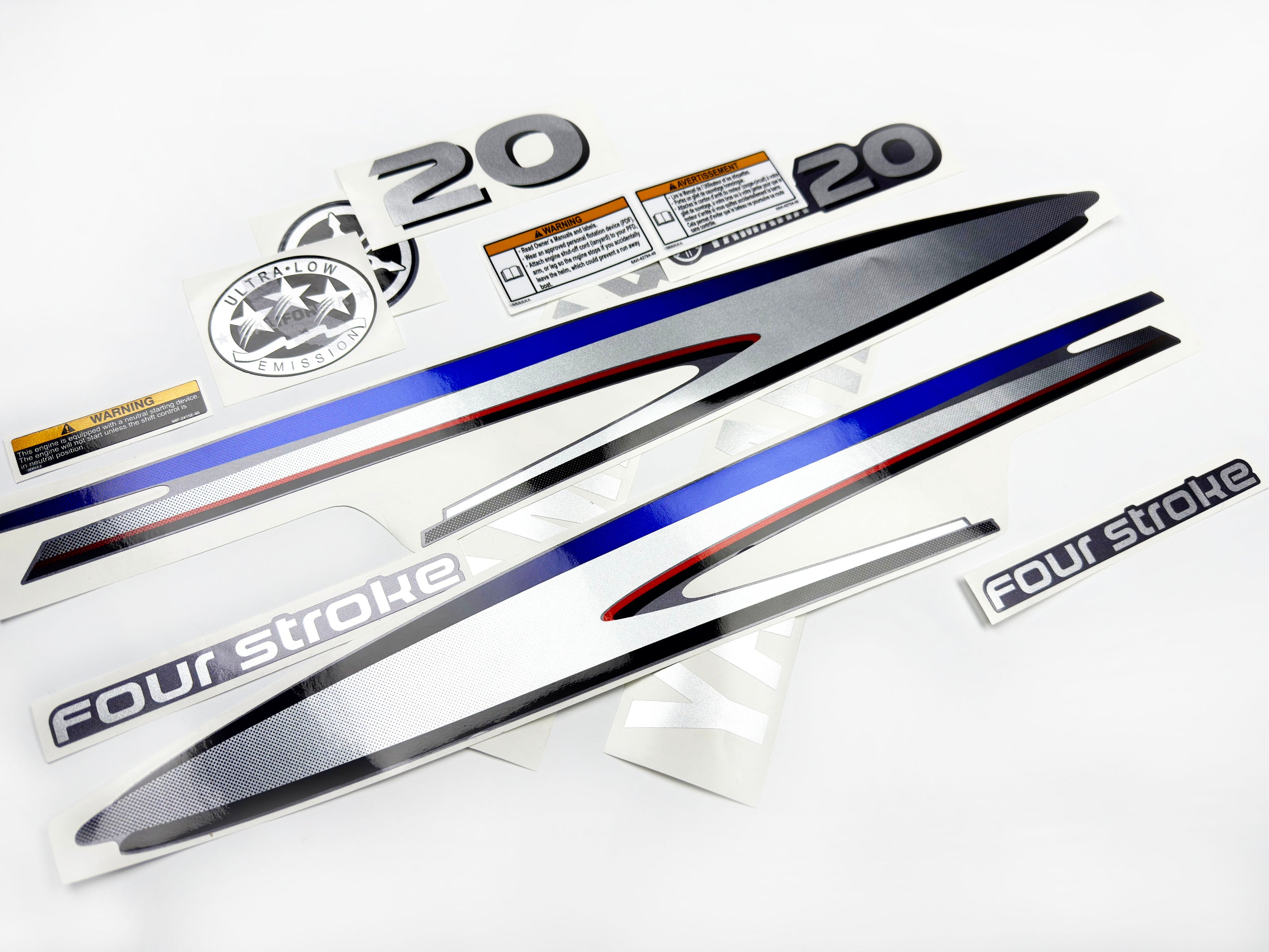 Vinyl graphic metalized silver shimmer decals set suitable for Yamaha 20 hp four stroke outboard engine. Vinyl stickers kit for yamaha 20 hp four stroke Handmade