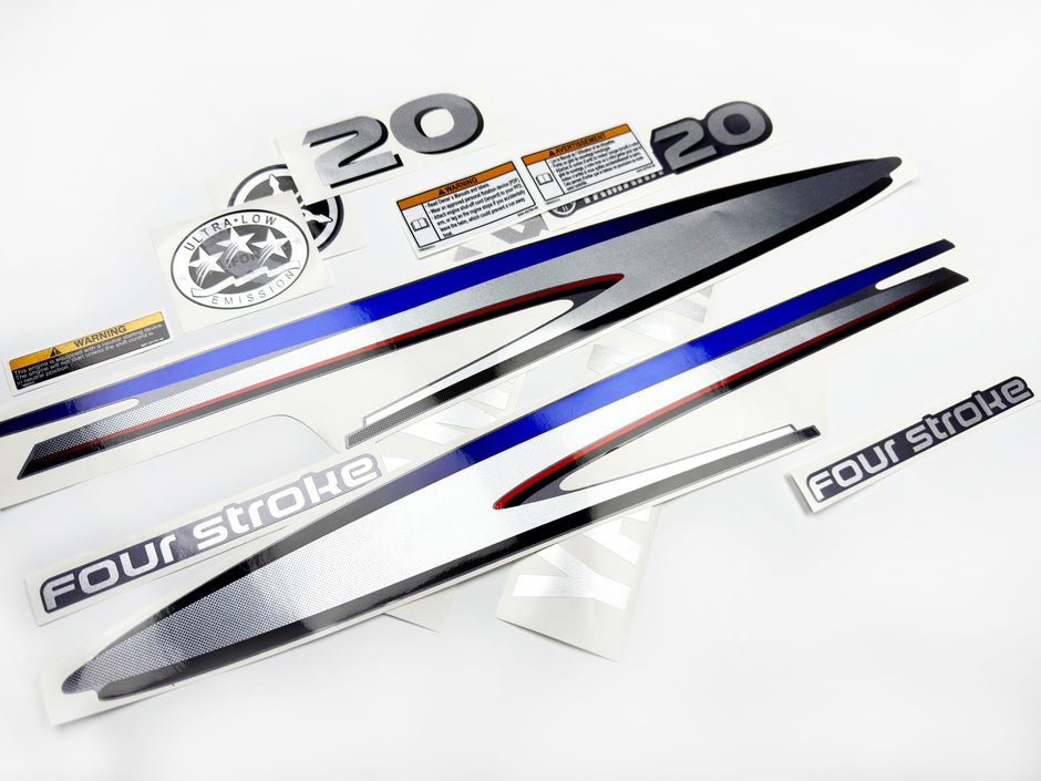 Vinyl graphic metalized silver shimmer decals set suitable for Yamaha 20 hp four stroke outboard engine. Vinyl stickers kit for yamaha 20 hp four stroke Handmade