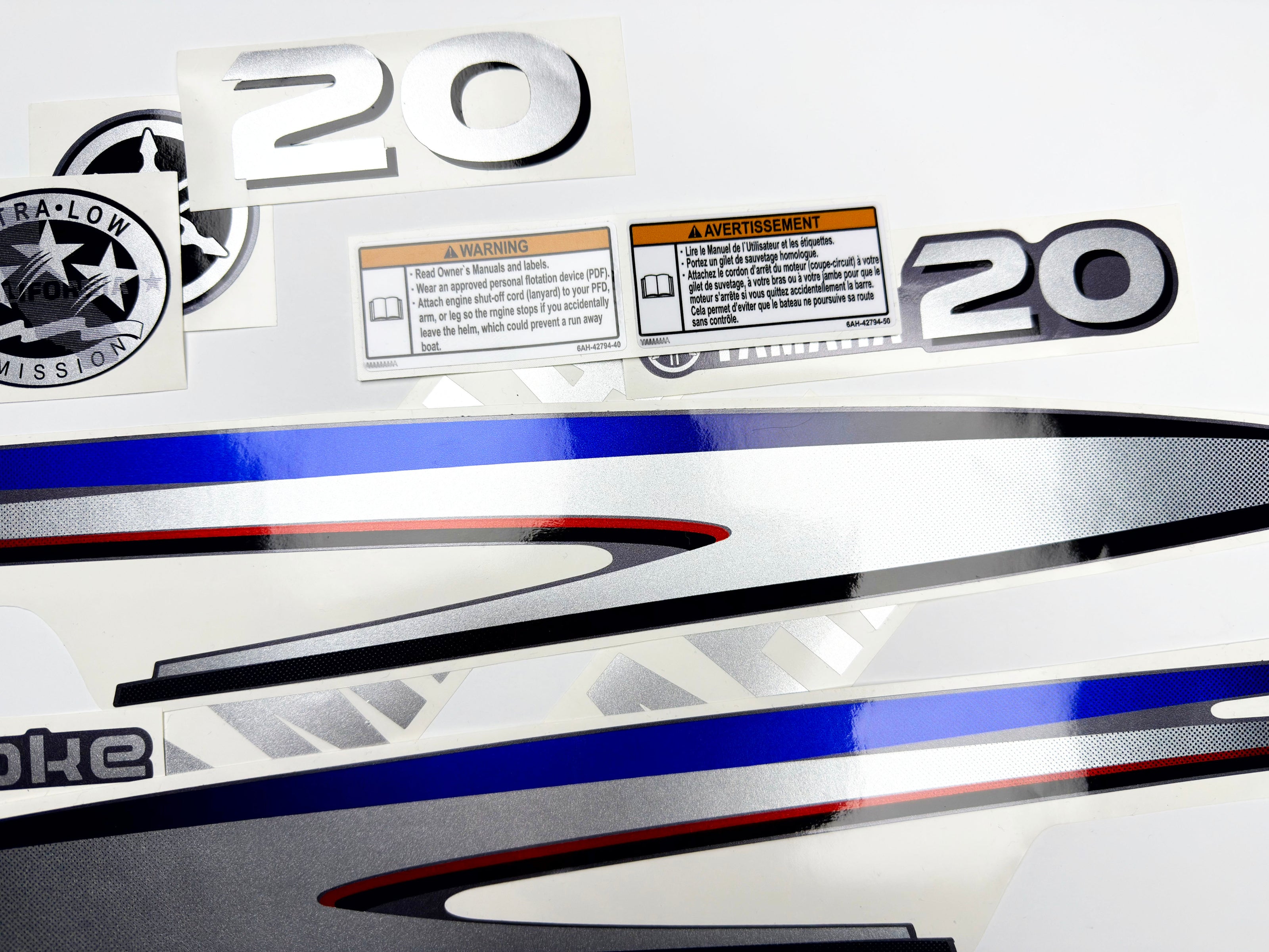 Vinyl graphic metalized silver shimmer decals set suitable for Yamaha 20 hp four stroke outboard engine. Vinyl stickers kit for yamaha 20 hp four stroke Handmade