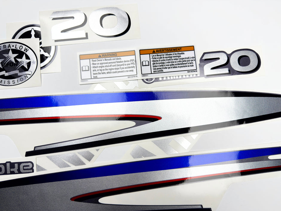 Vinyl graphic metalized silver shimmer decals set suitable for Yamaha 20 hp four stroke outboard engine. Vinyl stickers kit for yamaha 20 hp four stroke Handmade
