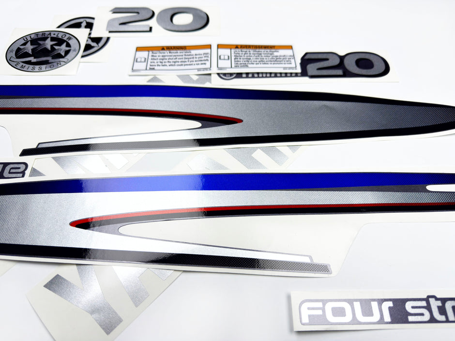 Vinyl graphic metalized silver shimmer decals set suitable for Yamaha 20 hp four stroke outboard engine. Vinyl stickers kit for yamaha 20 hp four stroke Handmade