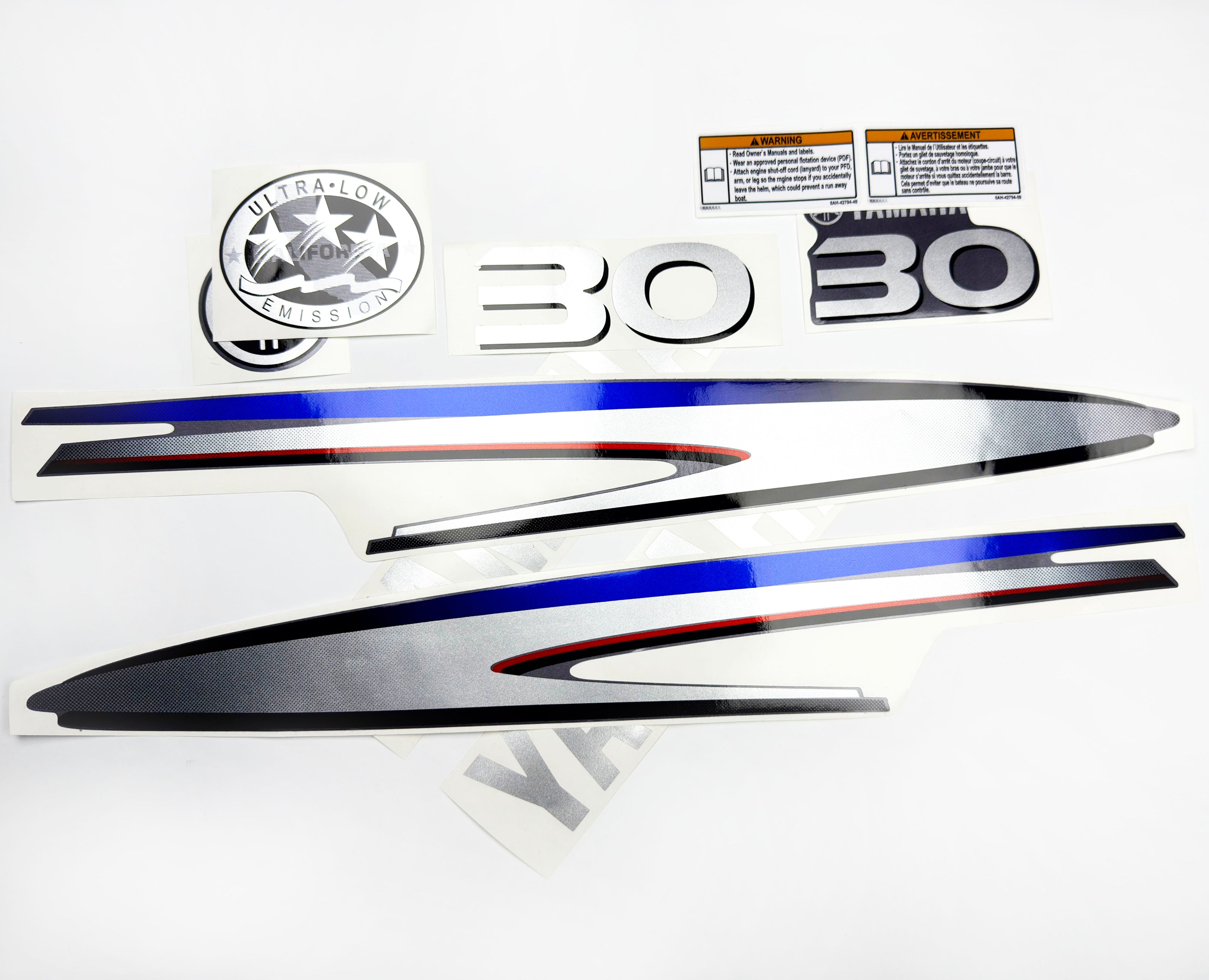 Vinyl graphic metalized silver shimmer decals set suitable for Yamaha 30 hp two stroke outboard engine. Vinyl stickers kit for Yamaha 30 hp two stroke Handmade