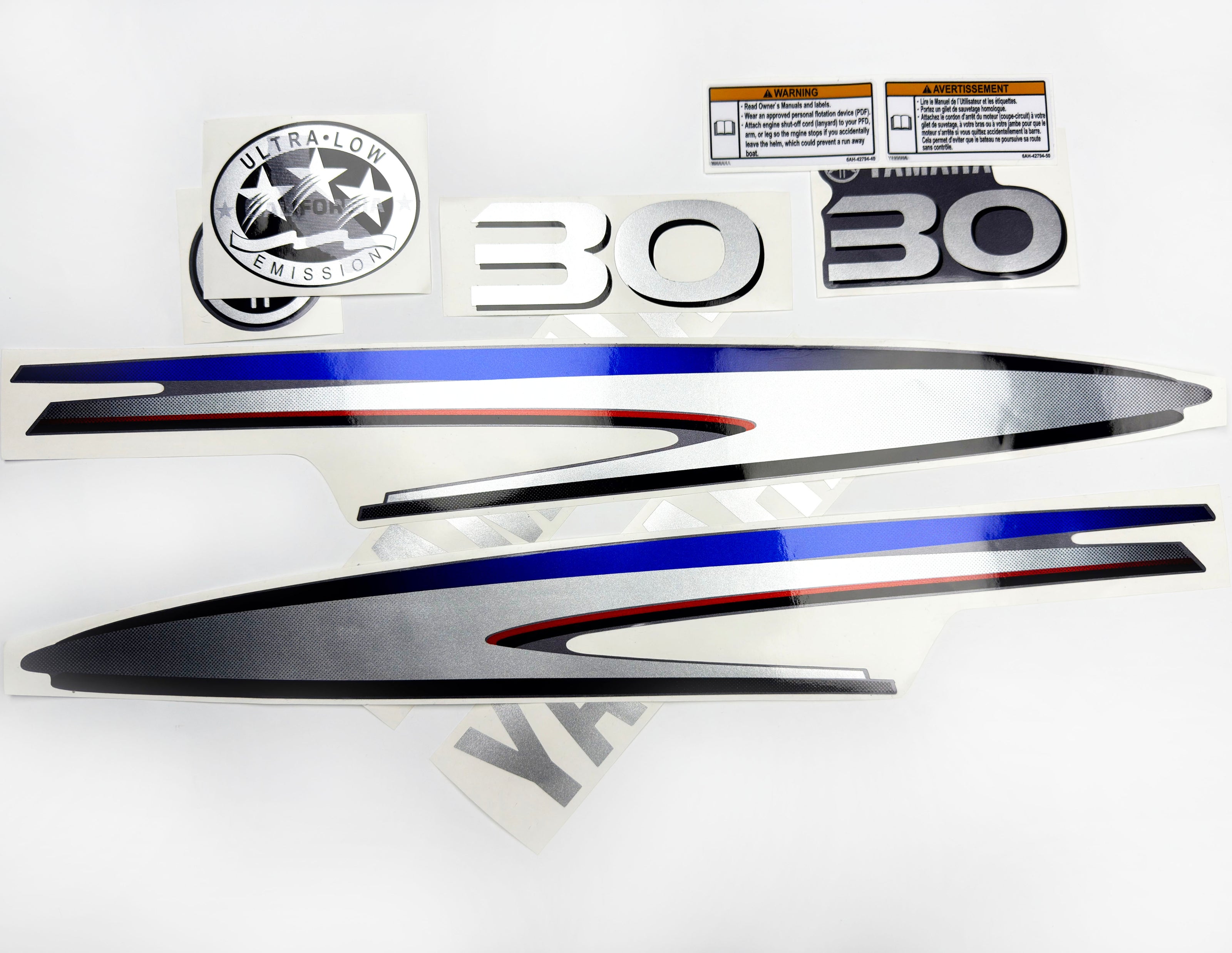 Vinyl graphic metalized silver shimmer decals set suitable for Yamaha 30 hp two stroke outboard engine. Vinyl stickers kit for Yamaha 30 hp two stroke Handmade