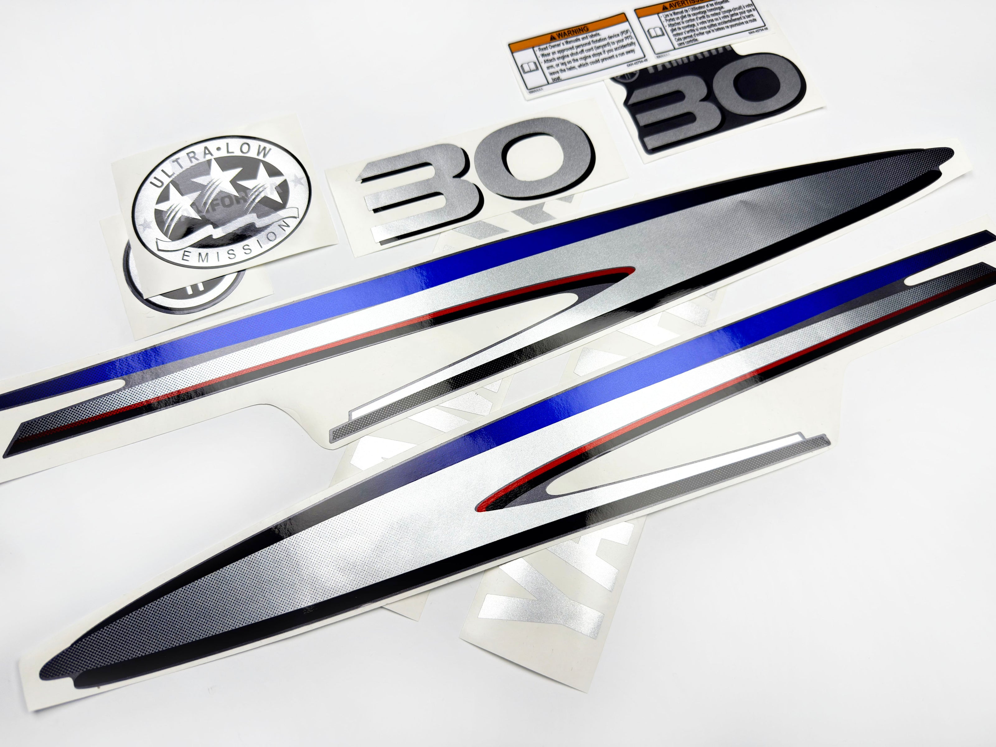 Vinyl graphic metalized silver shimmer decals set suitable for Yamaha 30 hp two stroke outboard engine. Vinyl stickers kit for Yamaha 30 hp two stroke Handmade