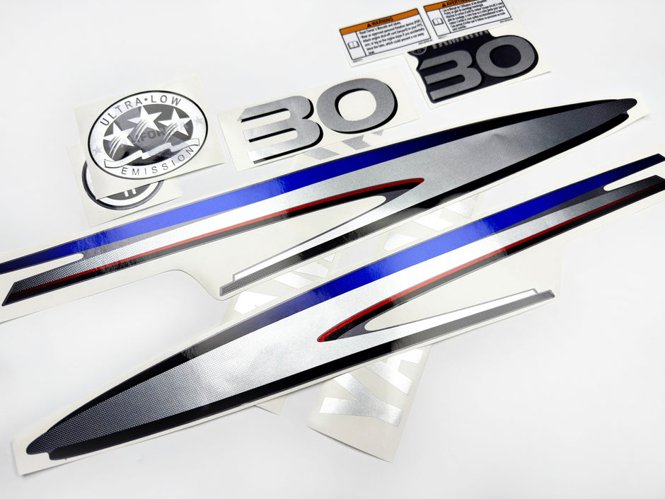 Vinyl graphic metalized silver shimmer decals set suitable for Yamaha 30 hp two stroke outboard engine. Vinyl stickers kit for Yamaha 30 hp two stroke Handmade