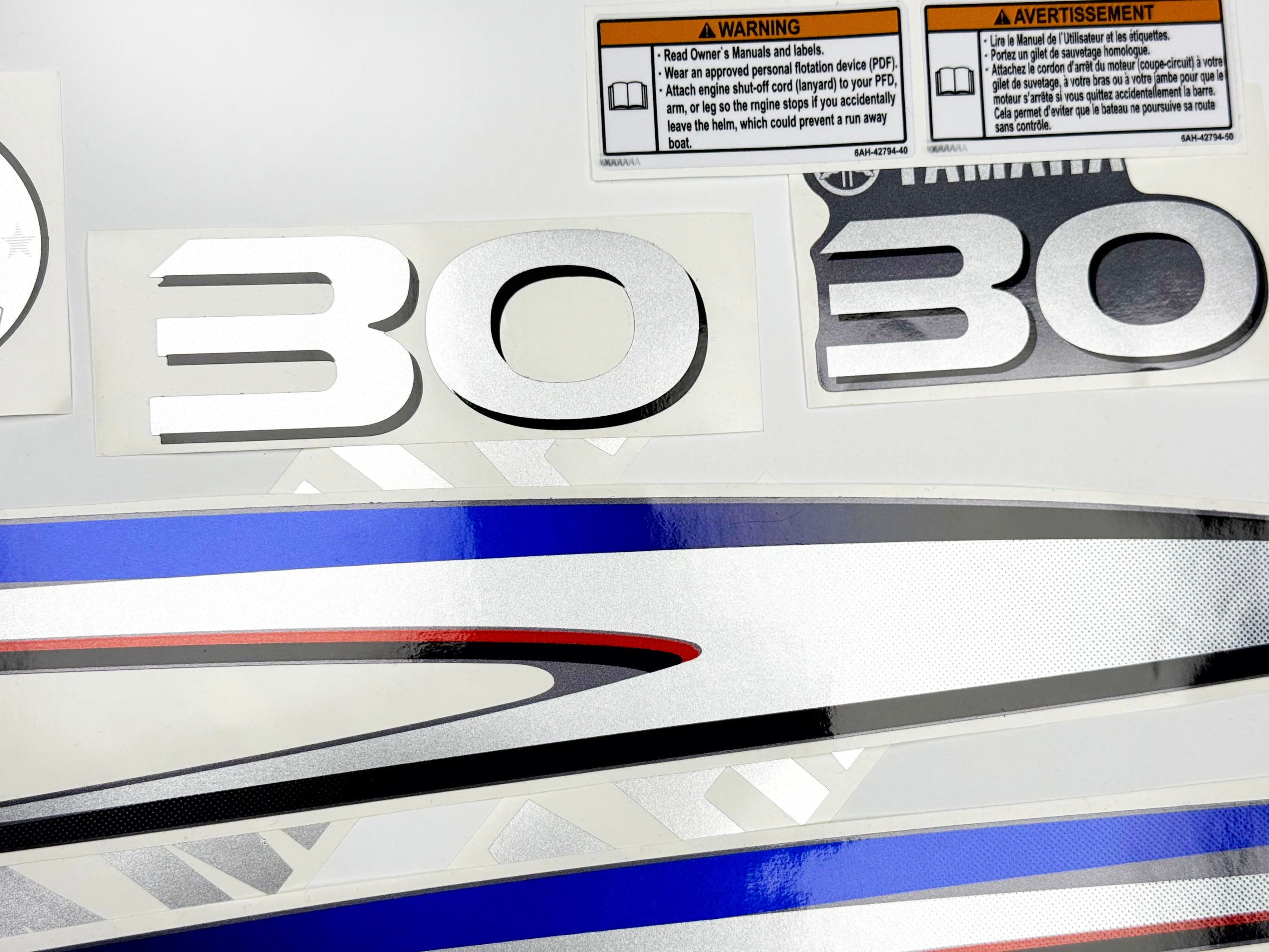 Vinyl graphic metalized silver shimmer decals set suitable for Yamaha 30 hp two stroke outboard engine. Vinyl stickers kit for Yamaha 30 hp two stroke Handmade