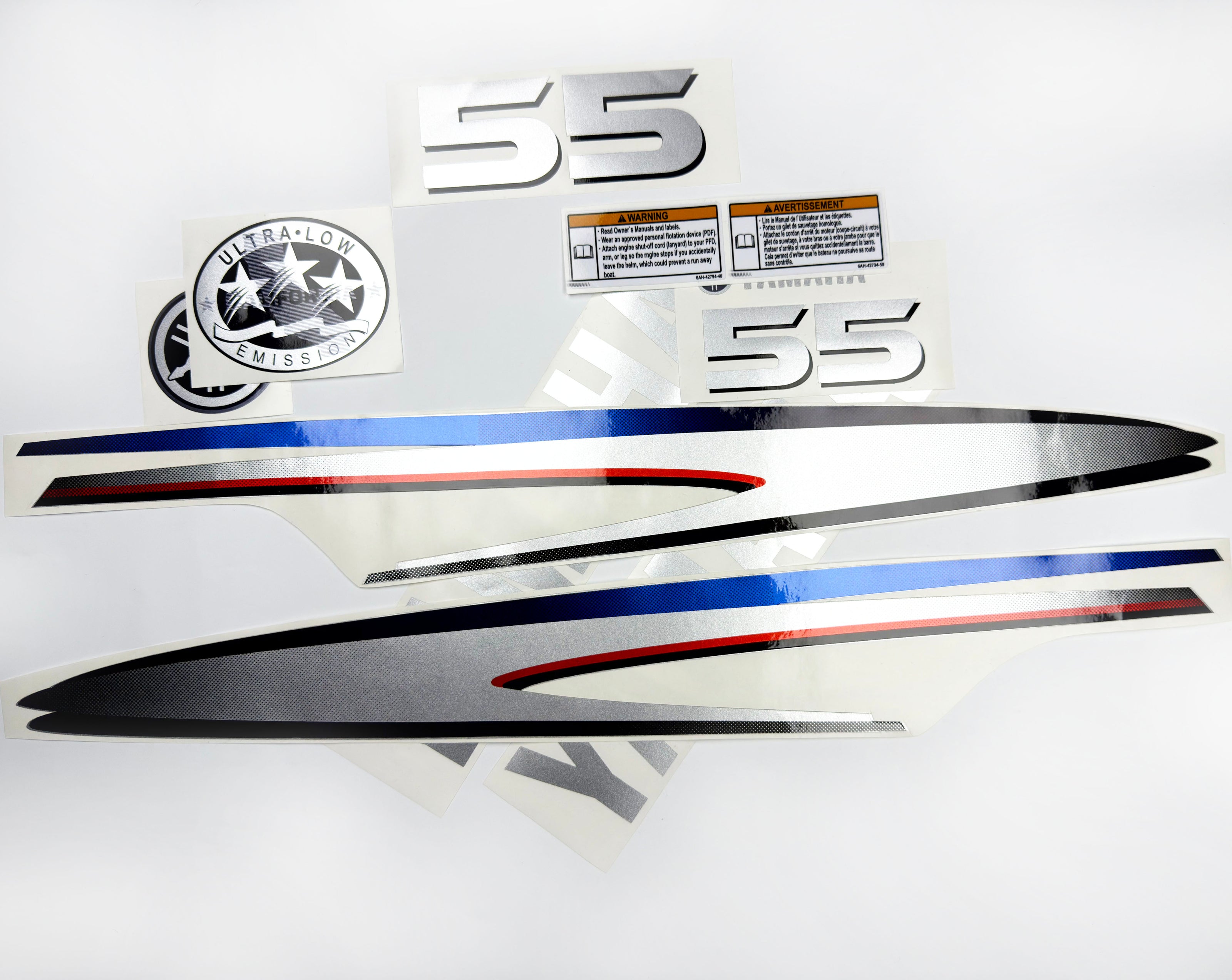 Vinyl graphic metalized silver shimmer decals set suitable for Yamaha 55 hp two stroke outboard engine. Vinyl stickers kit for Yamaha 55 hp two stroke Handmade