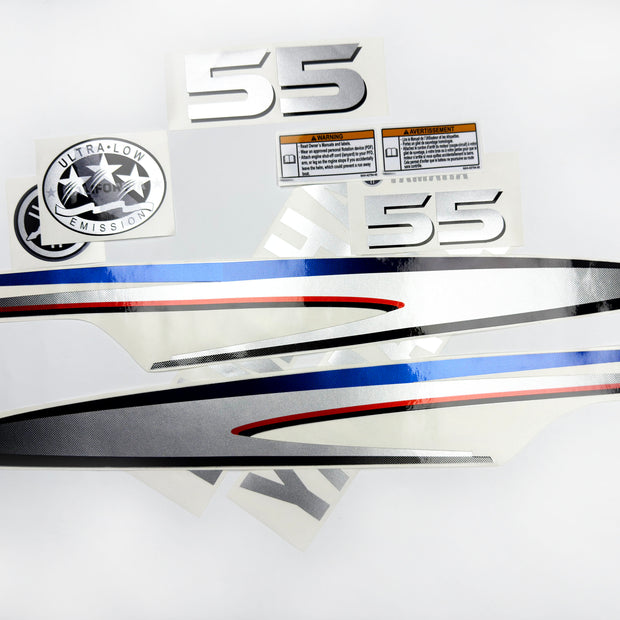 Vinyl graphic metalized silver shimmer decals set suitable for Yamaha 55 hp two stroke outboard engine. Vinyl stickers kit for Yamaha 55 hp two stroke Handmade