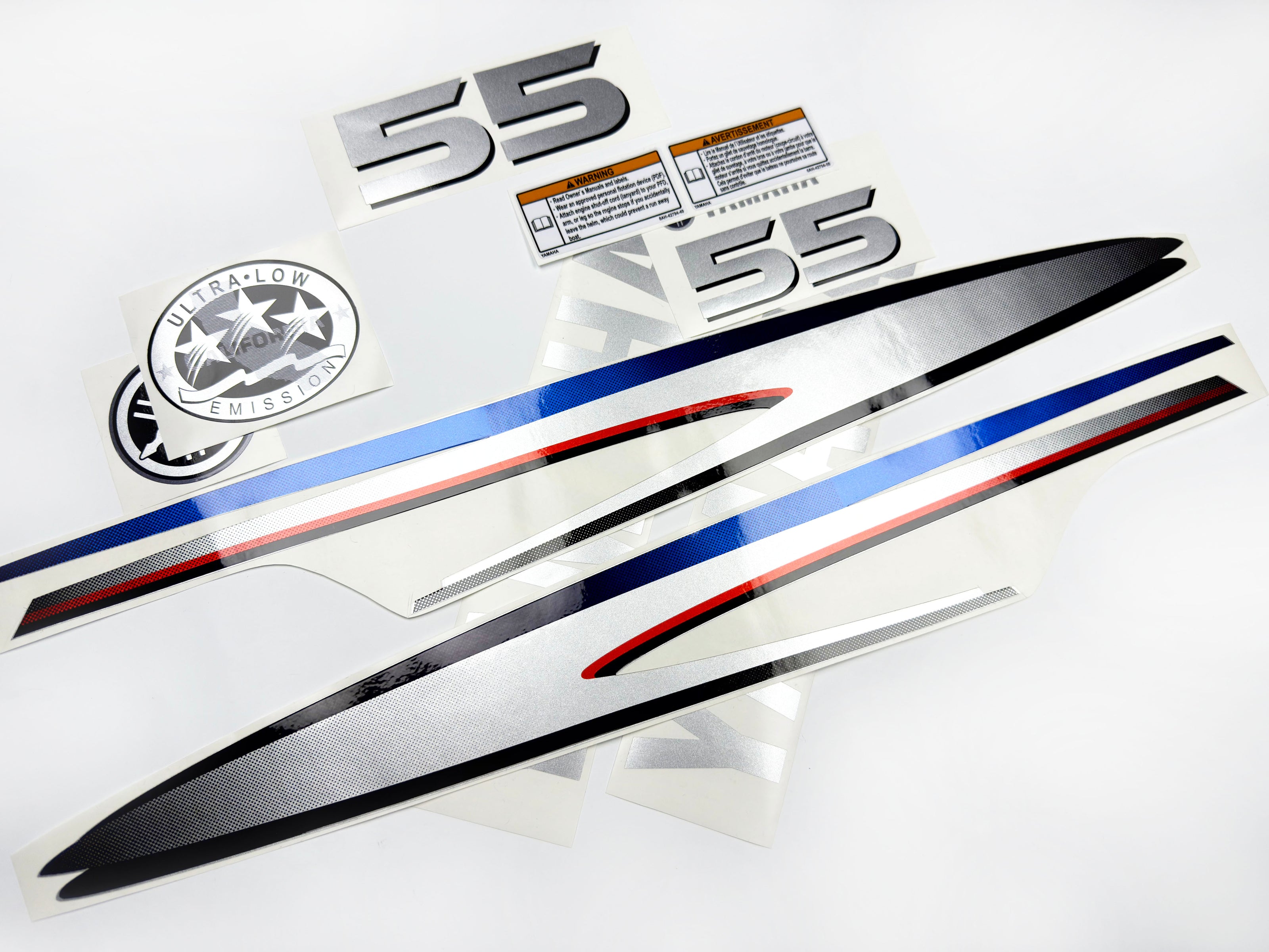 Vinyl graphic metalized silver shimmer decals set suitable for Yamaha 55 hp two stroke outboard engine. Vinyl stickers kit for Yamaha 55 hp two stroke Handmade