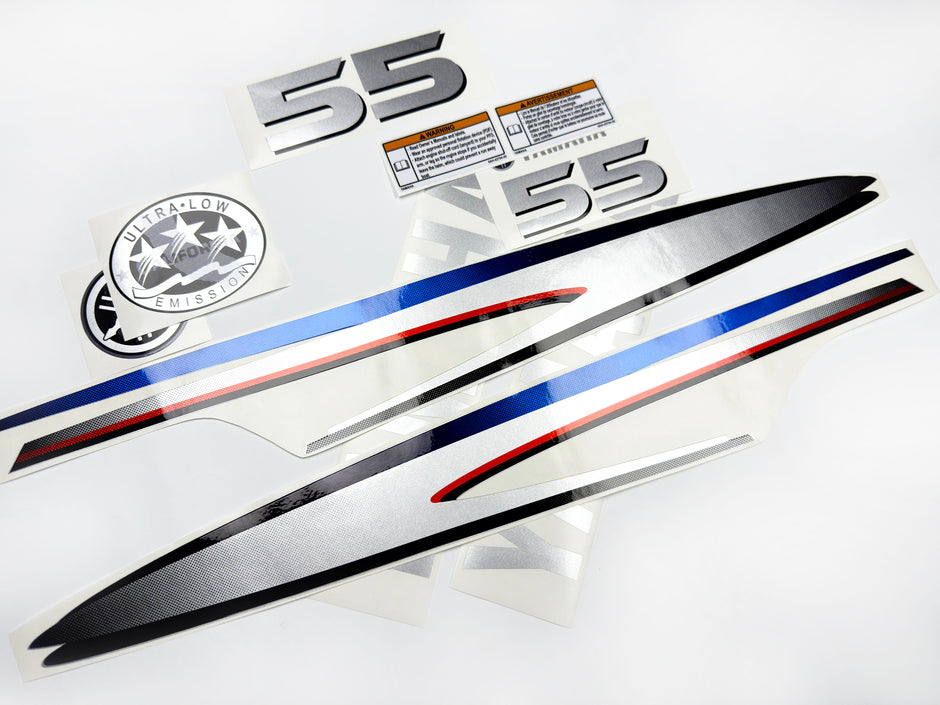 Vinyl graphic metalized silver shimmer decals set suitable for Yamaha 55 hp two stroke outboard engine. Vinyl stickers kit for Yamaha 55 hp two stroke Handmade