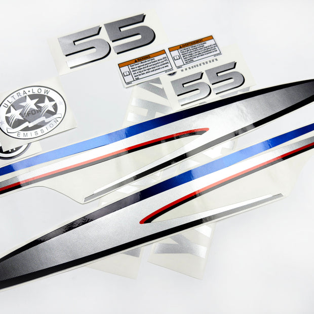 Vinyl graphic metalized silver shimmer decals set suitable for Yamaha 55 hp two stroke outboard engine. Vinyl stickers kit for Yamaha 55 hp two stroke Handmade