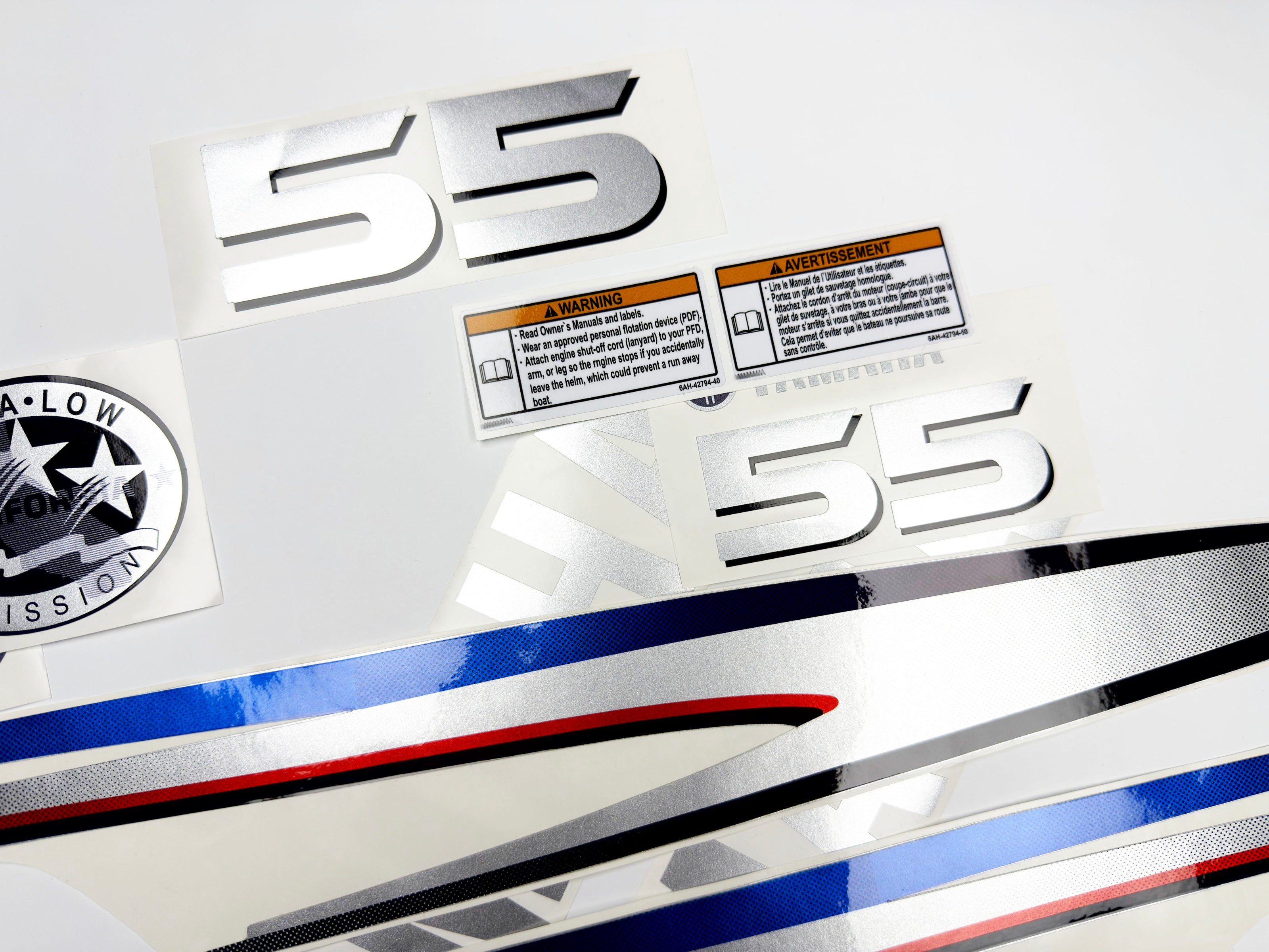 Vinyl graphic metalized silver shimmer decals set suitable for Yamaha 55 hp two stroke outboard engine. Vinyl stickers kit for Yamaha 55 hp two stroke Handmade