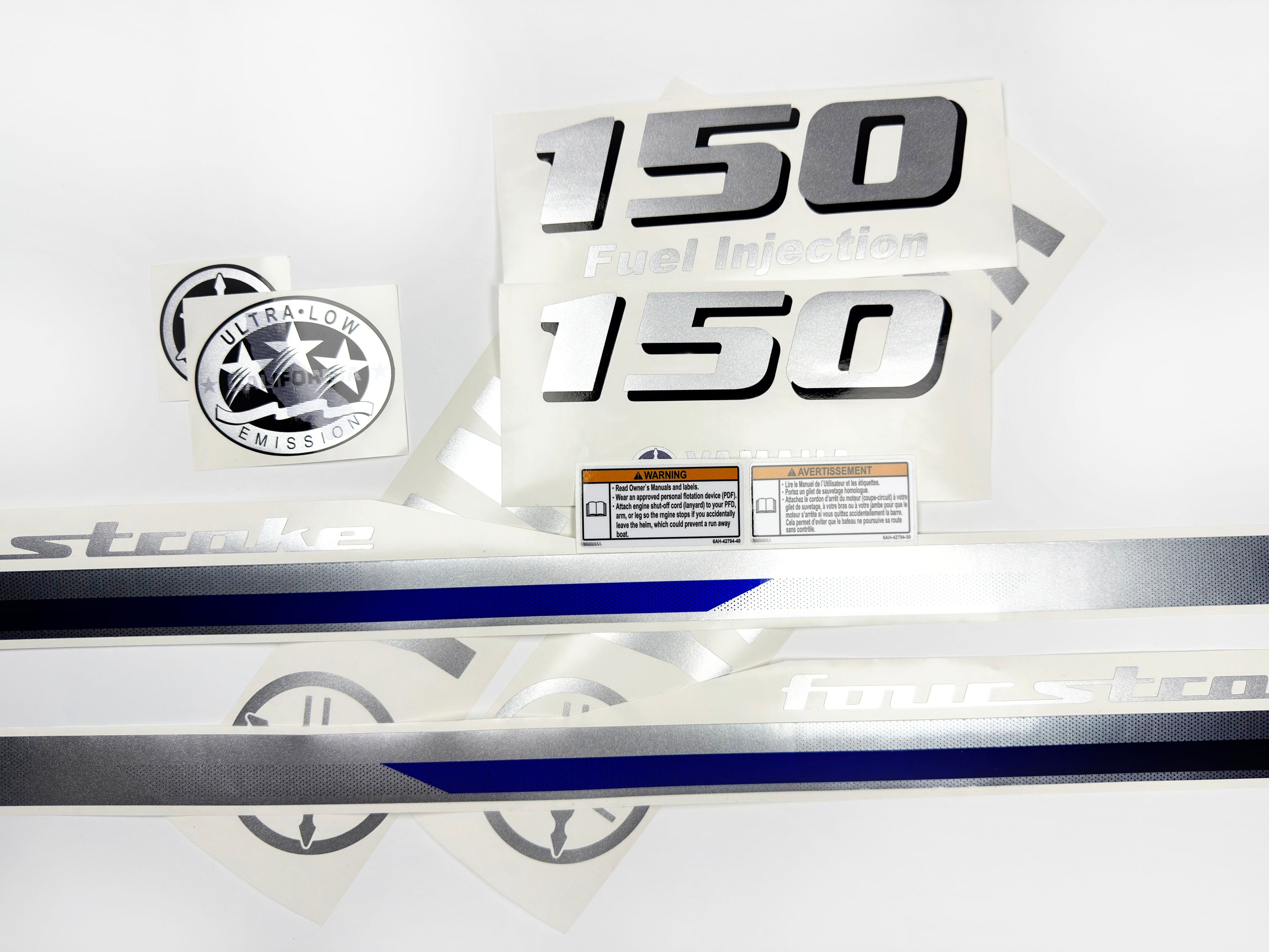 Vinyl graphic metalized silver shimmer decals set suitable for Yamaha 150 hp four stroke outboard engine. Vinyl stickers kit for Yamaha 150 hp four stroke Handmade