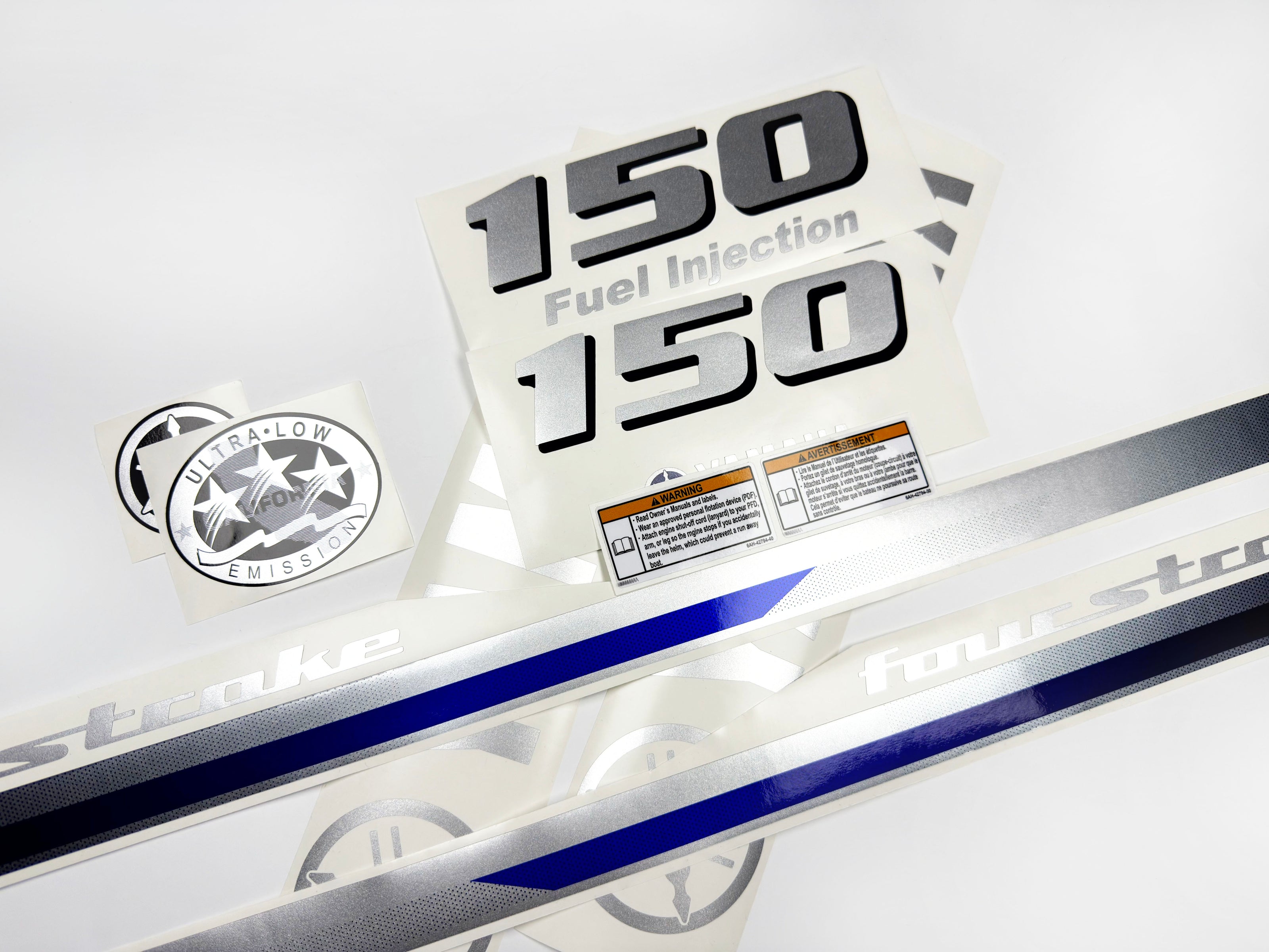 Vinyl graphic metalized silver shimmer decals set suitable for Yamaha 150 hp four stroke outboard engine. Vinyl stickers kit for Yamaha 150 hp four stroke Handmade