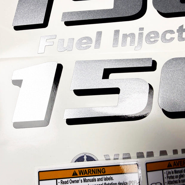 Vinyl graphic metalized silver shimmer decals set suitable for Yamaha 150 hp four stroke outboard engine. Vinyl stickers kit for Yamaha 150 hp four stroke Handmade