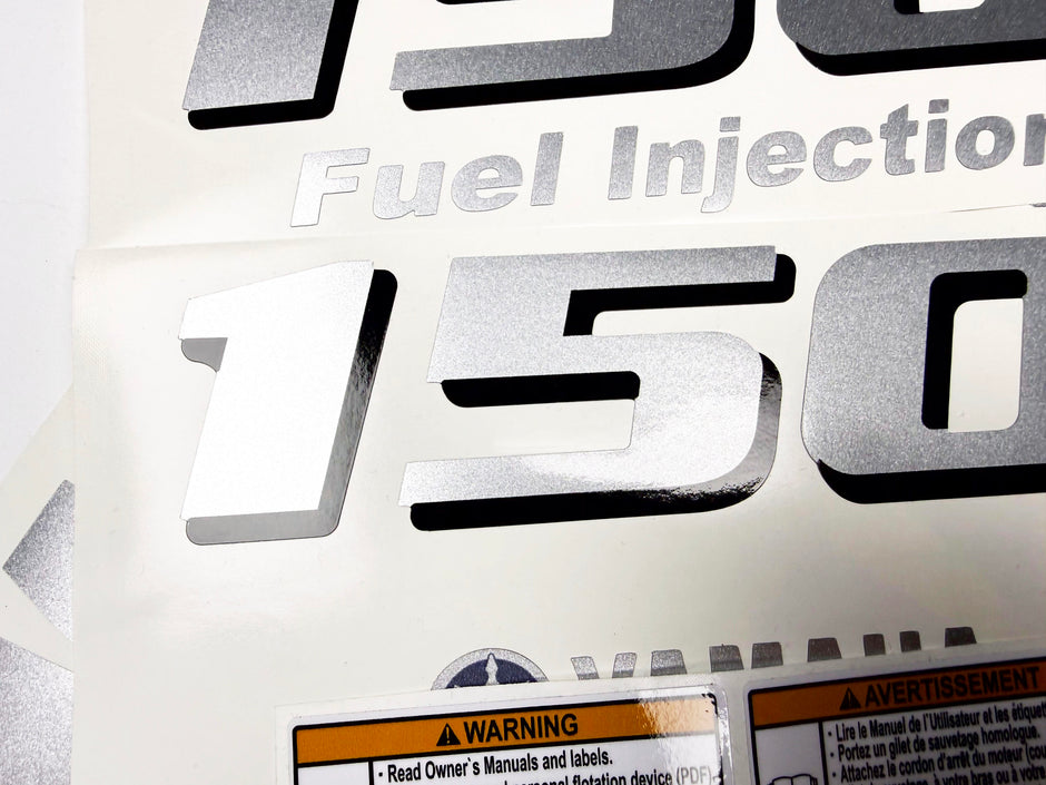 Vinyl graphic metalized silver shimmer decals set suitable for Yamaha 150 hp four stroke outboard engine. Vinyl stickers kit for Yamaha 150 hp four stroke Handmade