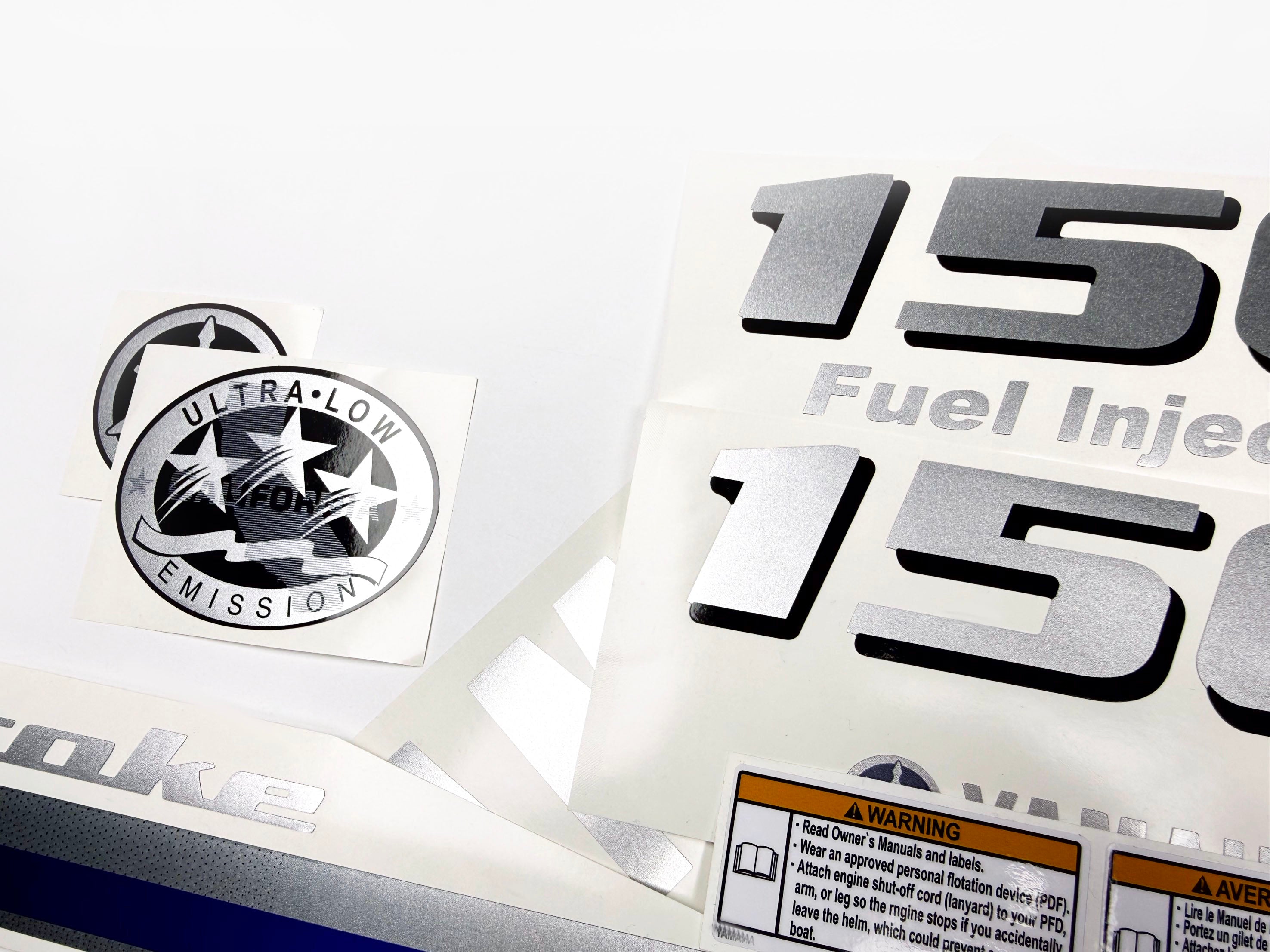 Vinyl graphic metalized silver shimmer decals set suitable for Yamaha 150 hp four stroke outboard engine. Vinyl stickers kit for Yamaha 150 hp four stroke Handmade