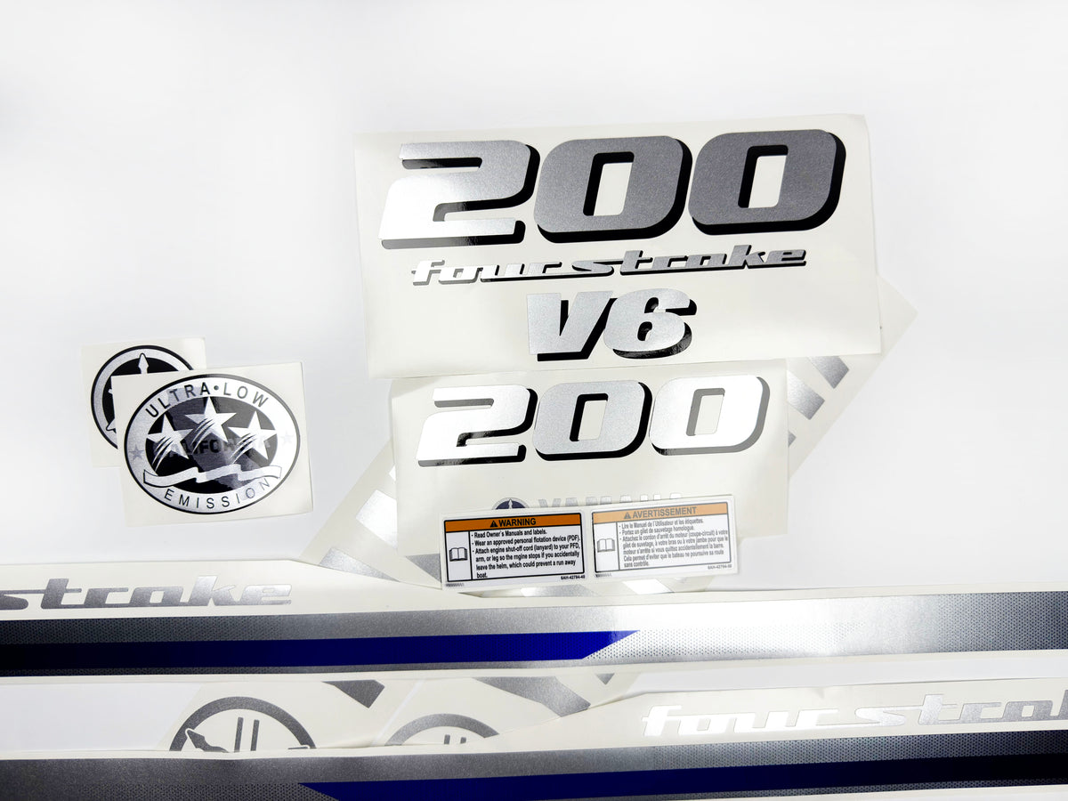 Vinyl silver shimmer decals set suitable for Yamaha 200 hp four stroke V 6 outboard engine. Vinyl stickers kit for Yamaha 200 hp Handmade