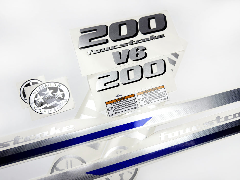 Vinyl silver shimmer decals set suitable for Yamaha 200 hp four stroke V 6 outboard engine. Vinyl stickers kit for Yamaha 200 hp Handmade