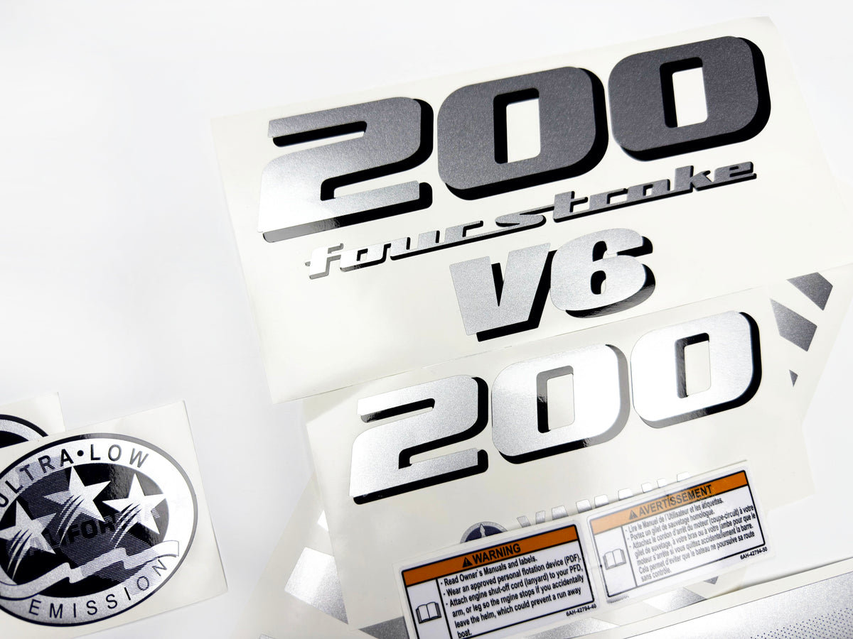 Vinyl silver shimmer decals set suitable for Yamaha 200 hp four stroke V 6 outboard engine. Vinyl stickers kit for Yamaha 200 hp Handmade