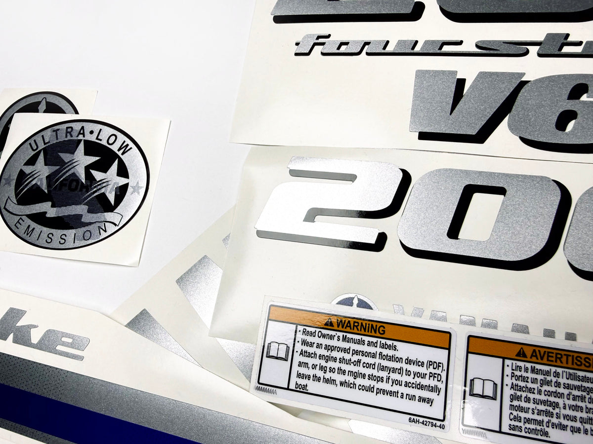 Vinyl silver shimmer decals set suitable for Yamaha 200 hp four stroke V 6 outboard engine. Vinyl stickers kit for Yamaha 200 hp Handmade