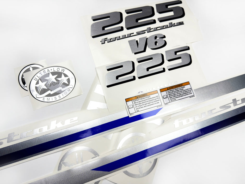 Vinyl silver shimmer decals set suitable for Yamaha 225 hp V 6 four stroke outboard engine. Vinyl stickers kit for Yamaha 225 hp Handmade
