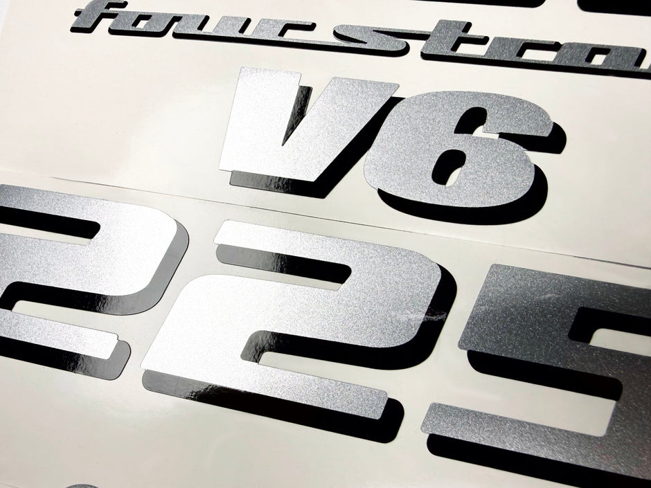 Vinyl silver shimmer decals set suitable for Yamaha 225 hp V 6 four stroke outboard engine. Vinyl stickers kit for Yamaha 225 hp Handmade