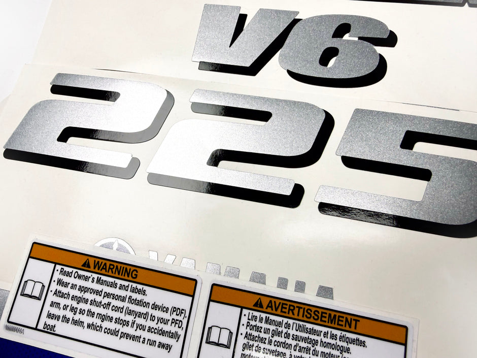 Vinyl silver shimmer decals set suitable for Yamaha 225 hp V 6 four stroke outboard engine. Vinyl stickers kit for Yamaha 225 hp Handmade