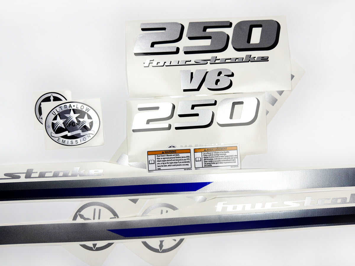 Vinyl silver shimmer decals set suitable for Yamaha 250 hp V 6 four stroke outboard engine. Vinyl stickers kit for Yamaha 250 hp Handmade