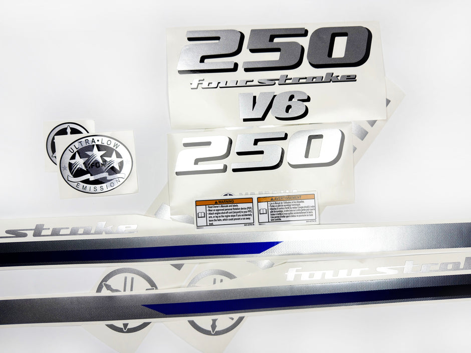 Vinyl silver shimmer decals set suitable for Yamaha 250 hp V 6 four stroke outboard engine. Vinyl stickers kit for Yamaha 250 hp Handmade