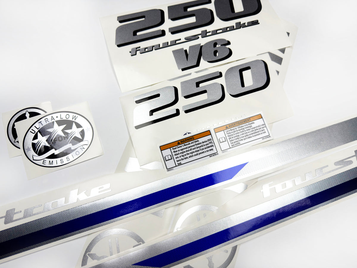 Vinyl silver shimmer decals set suitable for Yamaha 250 hp V 6 four stroke outboard engine. Vinyl stickers kit for Yamaha 250 hp Handmade