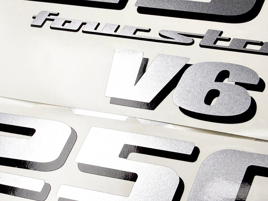 Vinyl silver shimmer decals set suitable for Yamaha 250 hp V 6 four stroke outboard engine. Vinyl stickers kit for Yamaha 250 hp Handmade