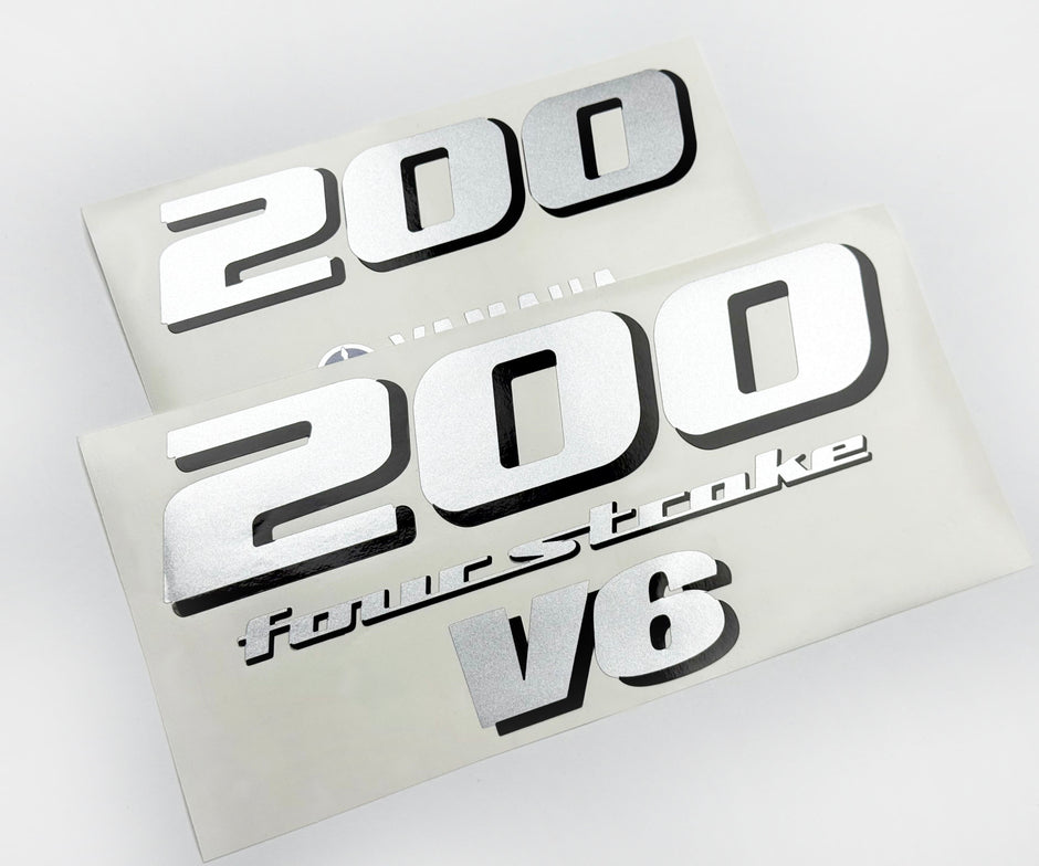 Vinyl silver shimmer decals set suitable for Yamaha 200 hp four stroke V 6 outboard engine. Vinyl stickers kit for Yamaha 200 hp Handmade