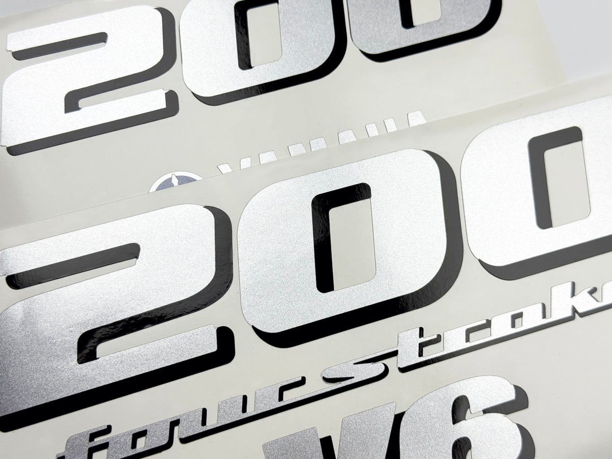 Vinyl silver shimmer decals set suitable for Yamaha 200 hp four stroke V 6 outboard engine. Vinyl stickers kit for Yamaha 200 hp Handmade