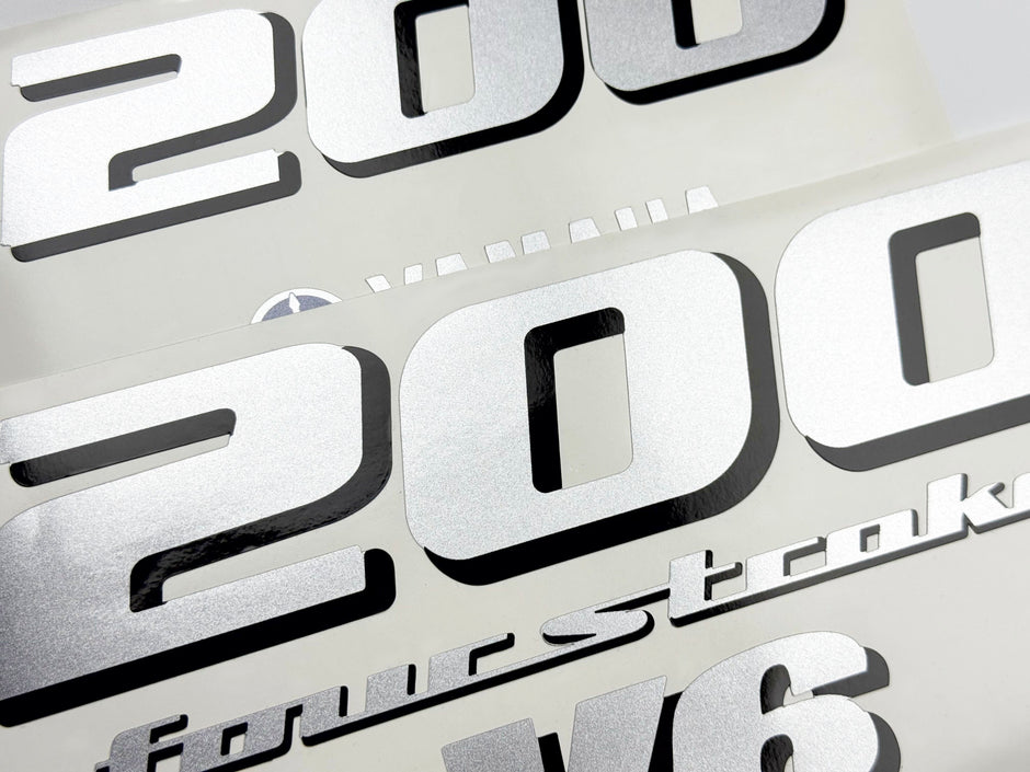 Vinyl silver shimmer decals set suitable for Yamaha 200 hp four stroke V 6 outboard engine. Vinyl stickers kit for Yamaha 200 hp Handmade